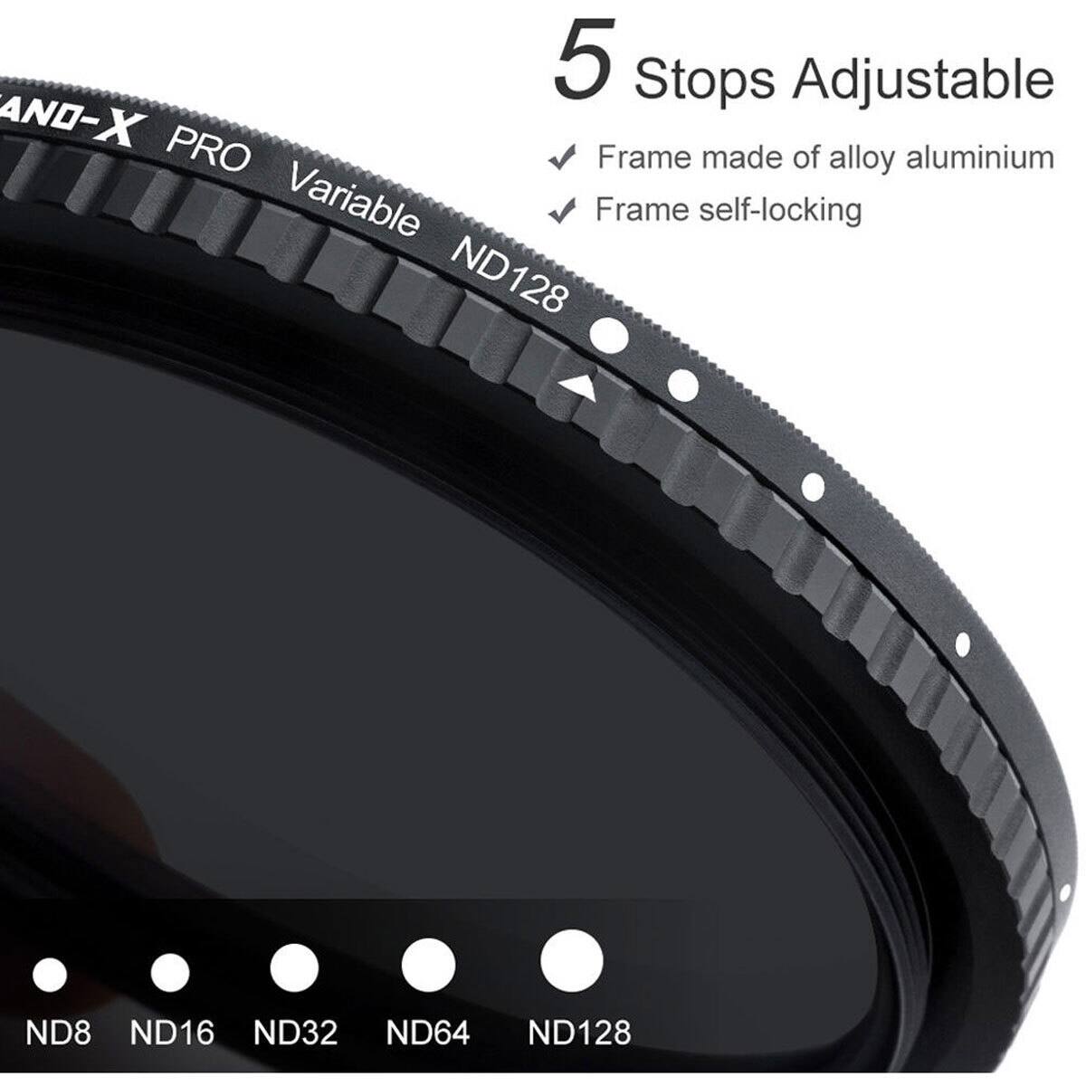 5 Stops Adjustable  
AND-X PRO Variable ND128  
Frame made of alloy aluminium  
Frame self-locking  

ND8 ND16 ND32 ND64 ND128