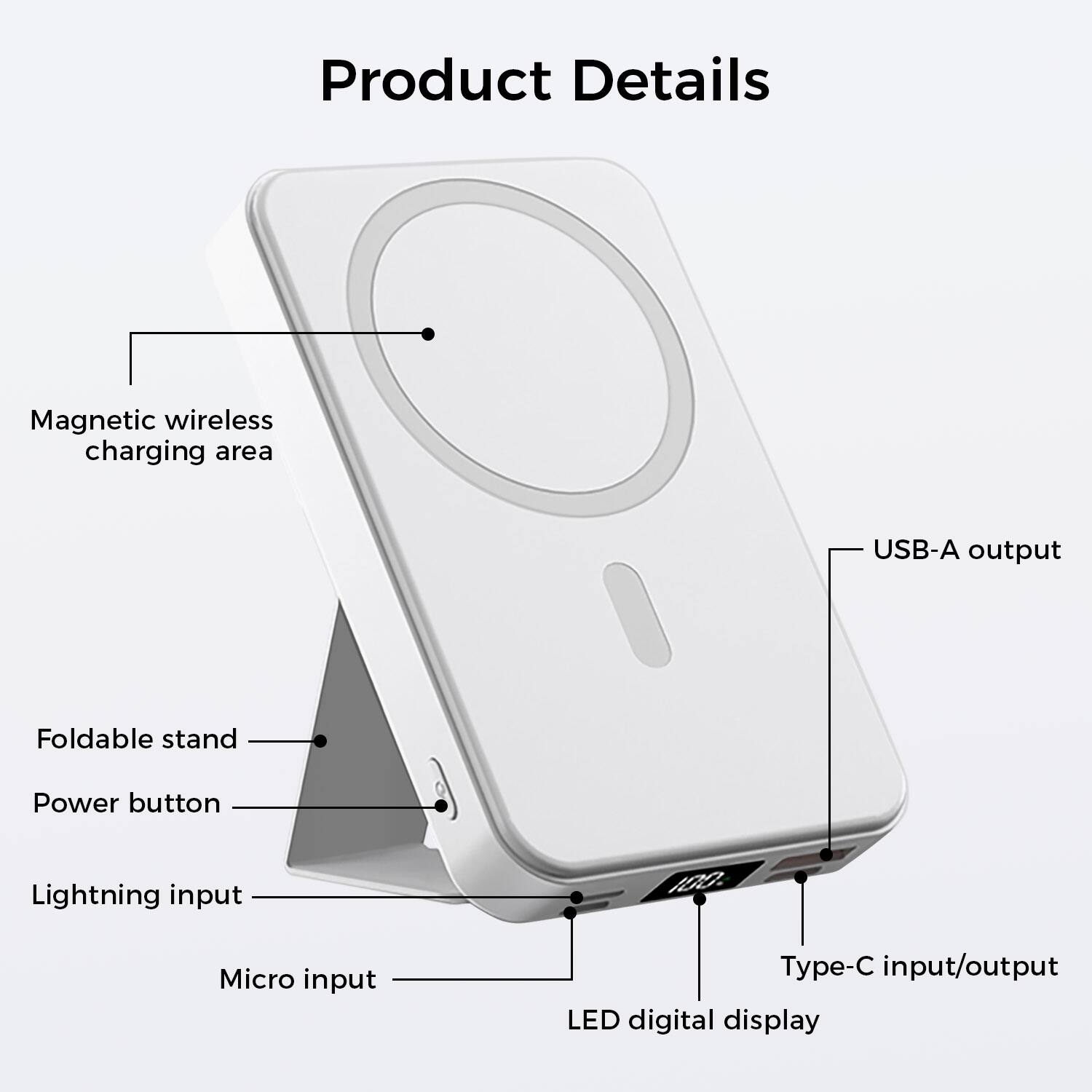 Product Details

Magnetic wireless charging area
USB-A output
Foldable stand
Power button
Lightning input
Micro input
Type-C input/output
LED digital display