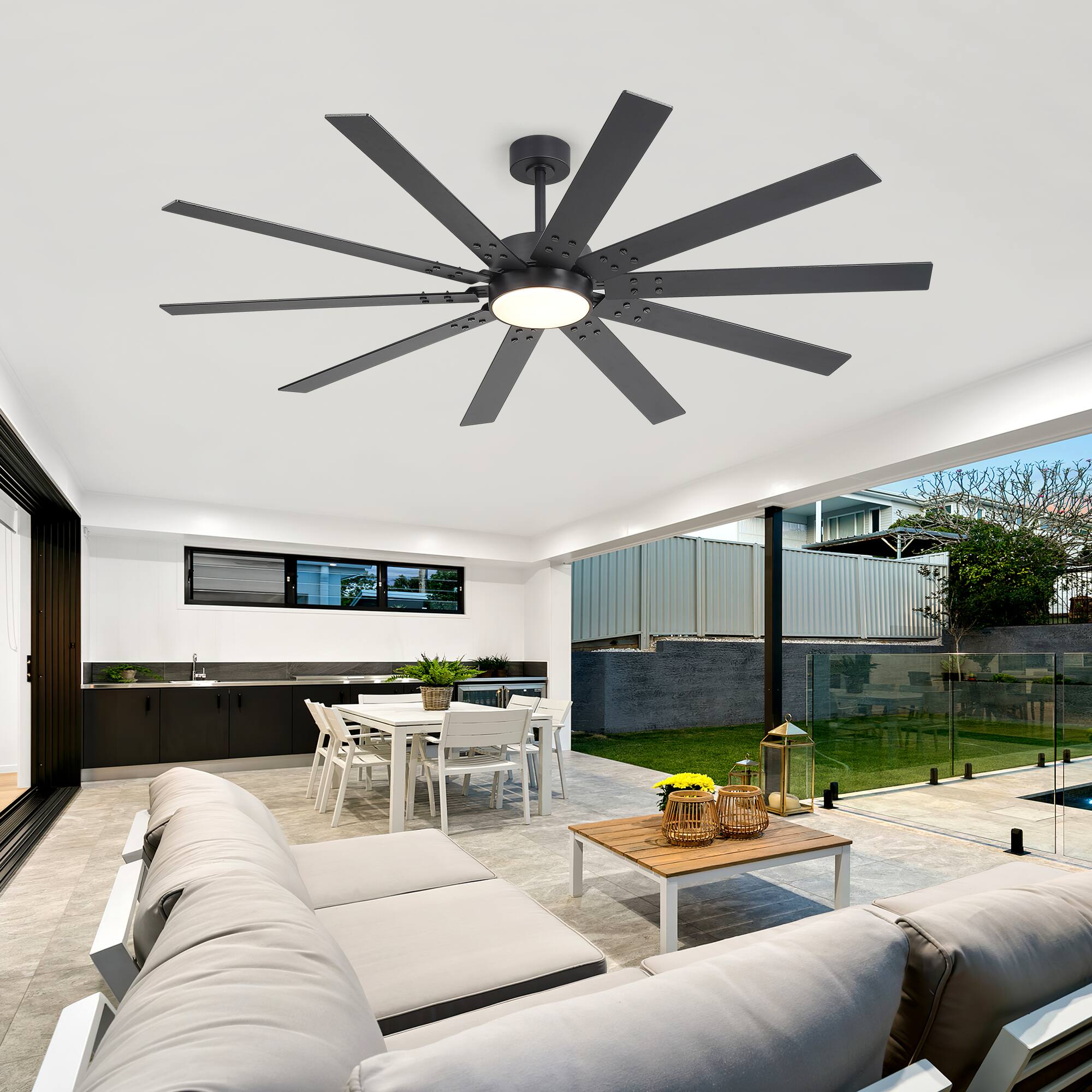 Back. Breezary - 72-Inch Large Ceiling Fan with Dimmable LED Light, 10 Plywood Blades, DC Motor, Remote Control, Sloped Ceiling - Black & Walnut.