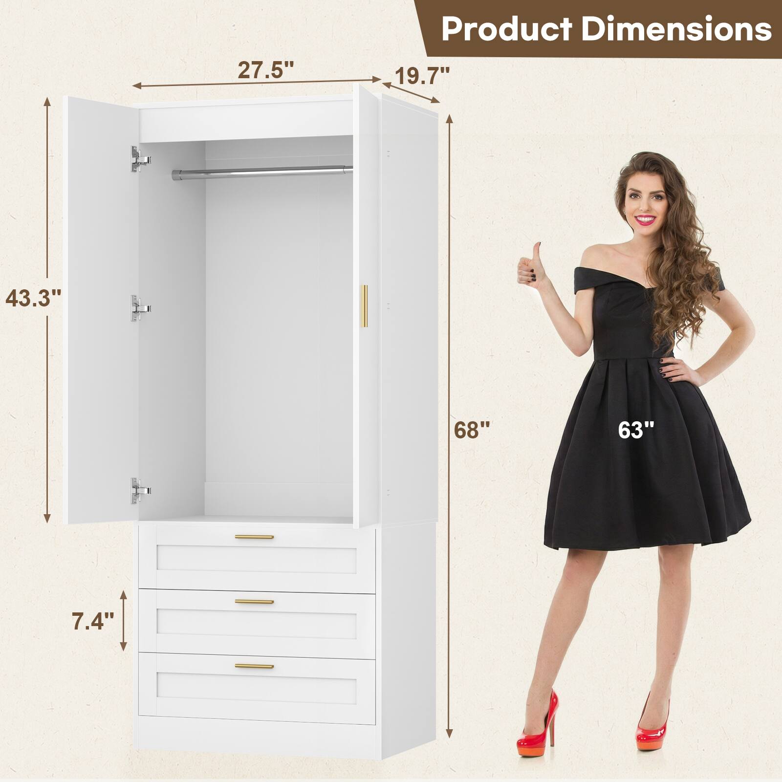 Product Dimensions

- 27.5"
- 19.7"
- 43.3"
- 68"
- 63"
- 7.4"