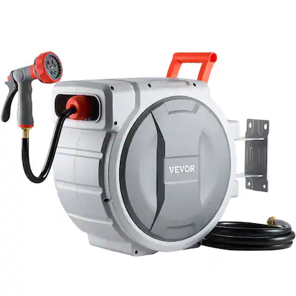 Front. VEVOR - Retractable Garden Hose Reel, 1/2 in x 100 ft, Wall Mounted Hose Reel with 9-Function Sprayer Nozzle and 180° Swivel - Grey.