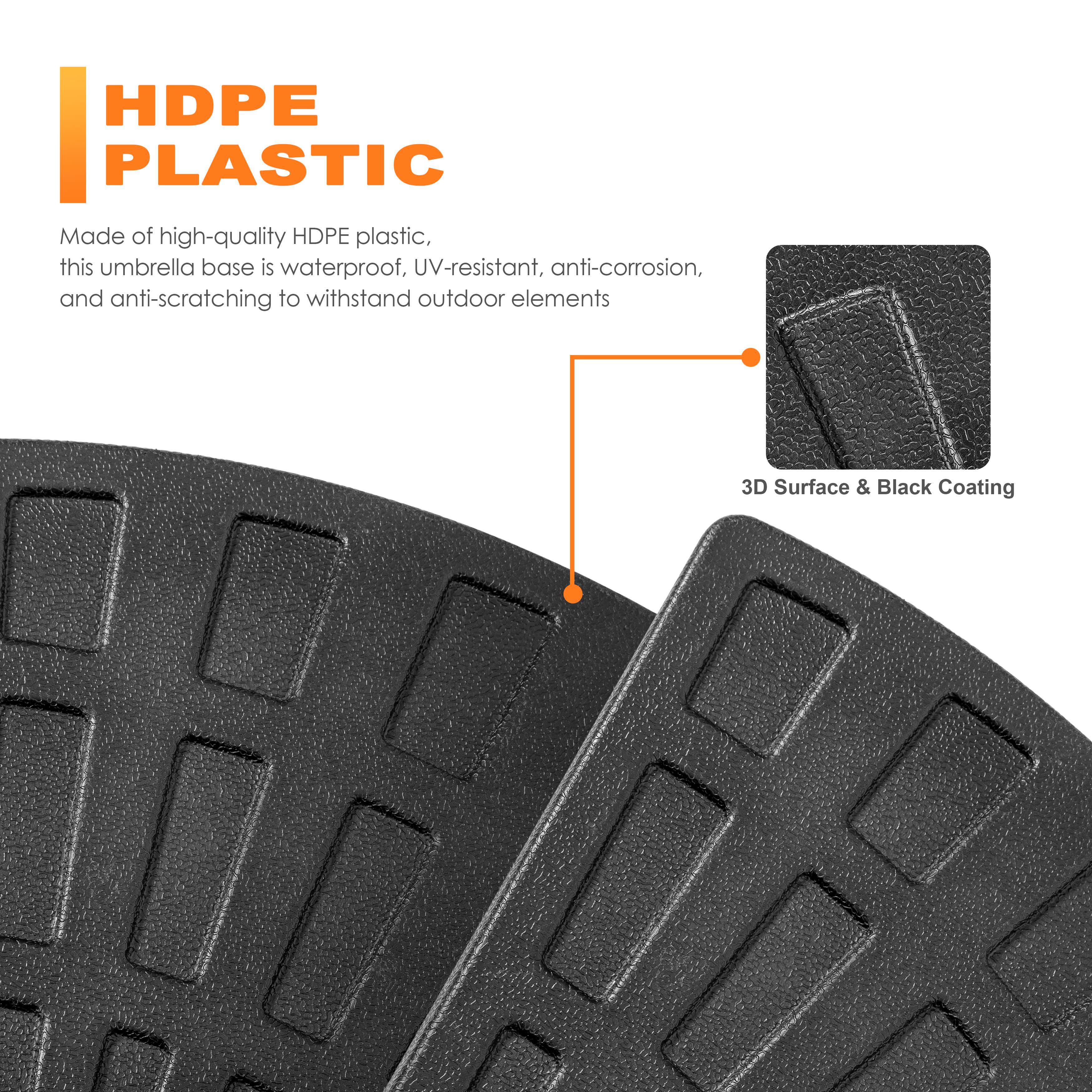 HDPE PLASTIC

Made of high-quality HDPE plastic, this umbrella base is waterproof, UV-resistant, anti-corrosion, and anti-scratching to withstand outdoor elements

3D Surface & Black Coating