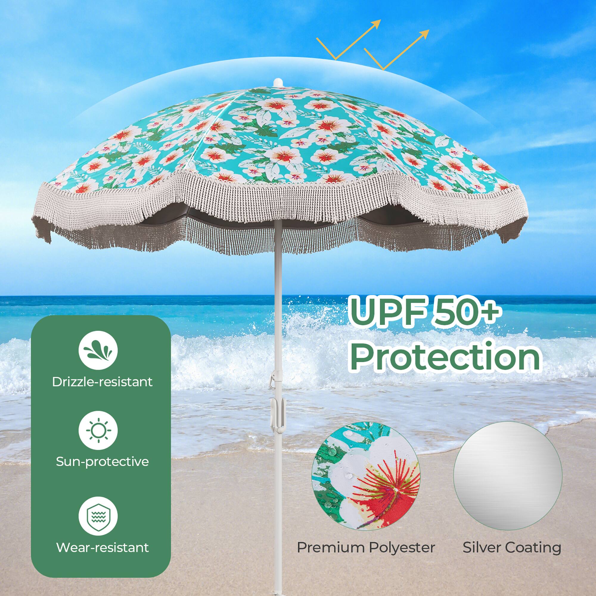 Drizzle-resistant  
Sun-protective  
Wear-resistant  
UPF 50+ Protection  
Premium Polyester  
Silver Coating