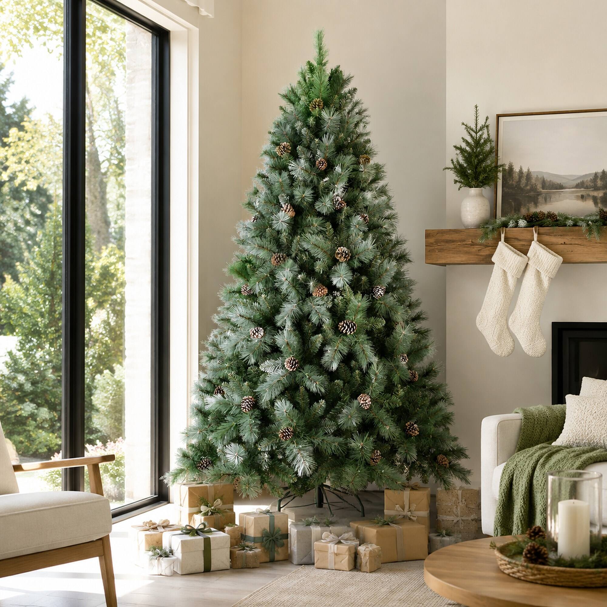 Back. RYHNUYNE - 7FT Christmas Tree With 82 Pine Cones, 1348 Mixed PVC Hard Needle Branches Hinged Structure Sturdy Metal Stand - Green.
