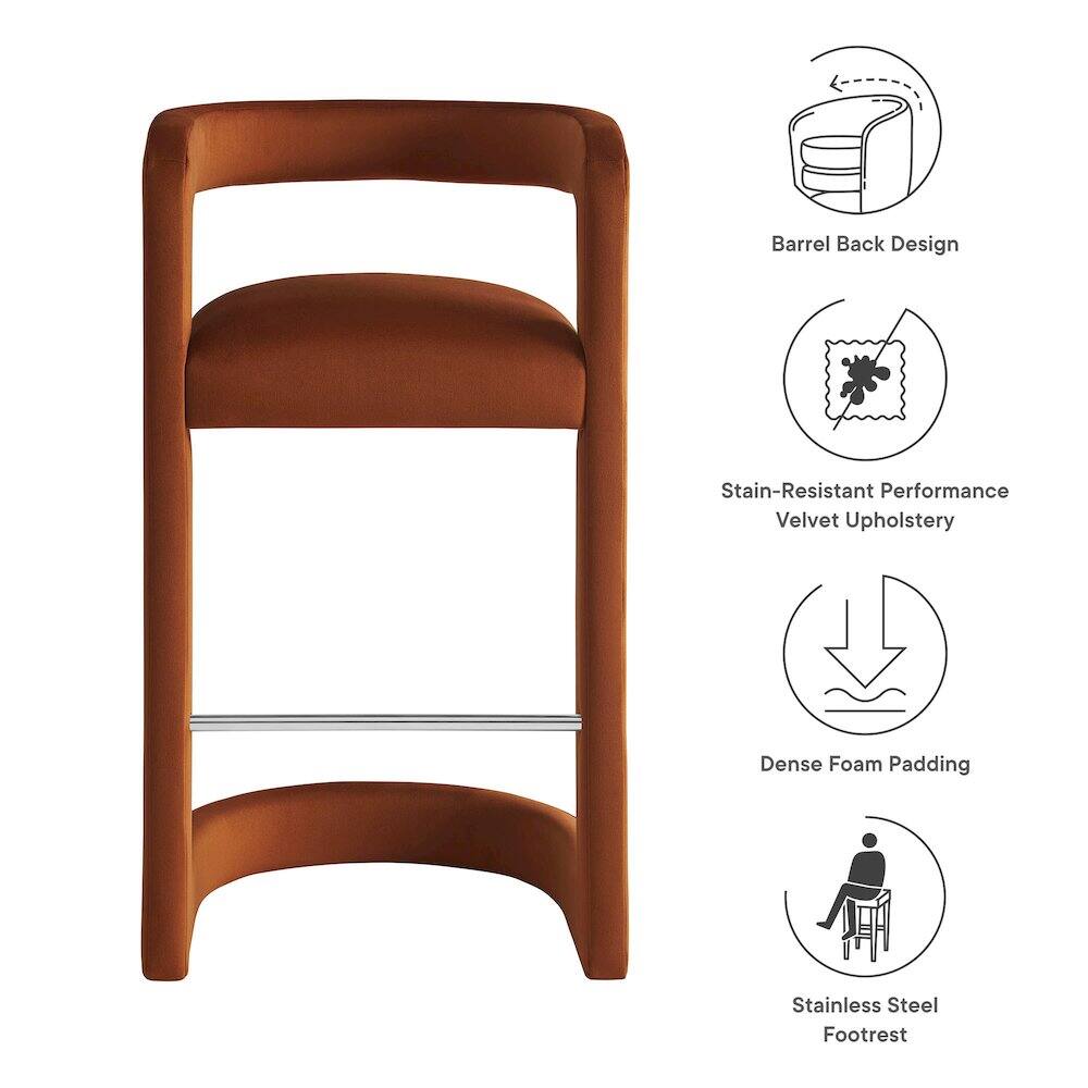 - Barrel Back Design
- Stain-Resistant Performance Velvet Upholstery
- Dense Foam Padding
- Stainless Steel Footrest