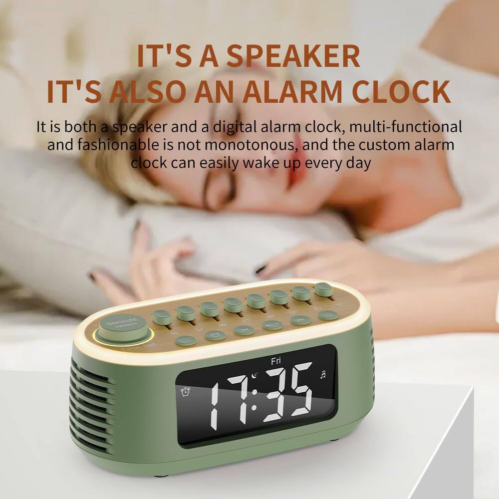IT'S A SPEAKER  
IT'S ALSO AN ALARM CLOCK  

It is both a speaker and a digital alarm clock, multi-functional and fashionable is not monotonous, and the custom alarm clock can easily wake up every day  

Fri 17:35