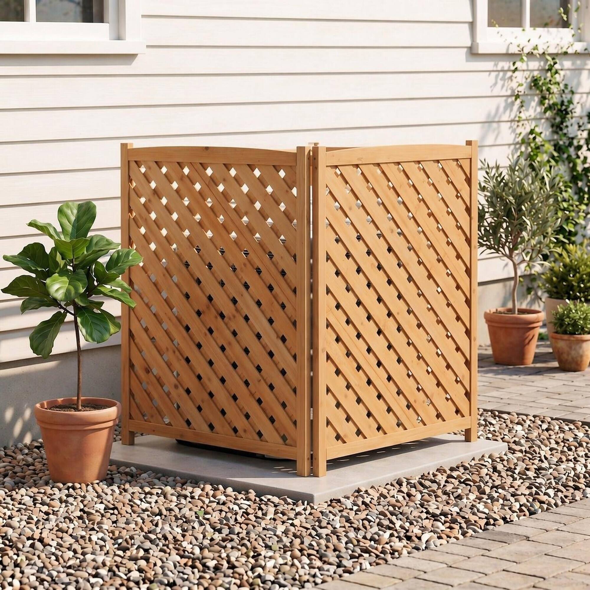 Angle. RYHNUYNE - 3 Panel Wood Outdoor Privacy Fence Screen for Air Conditioner, 32 x 38 Inch Solid Wooden Patio Enclosure - Light Brown.