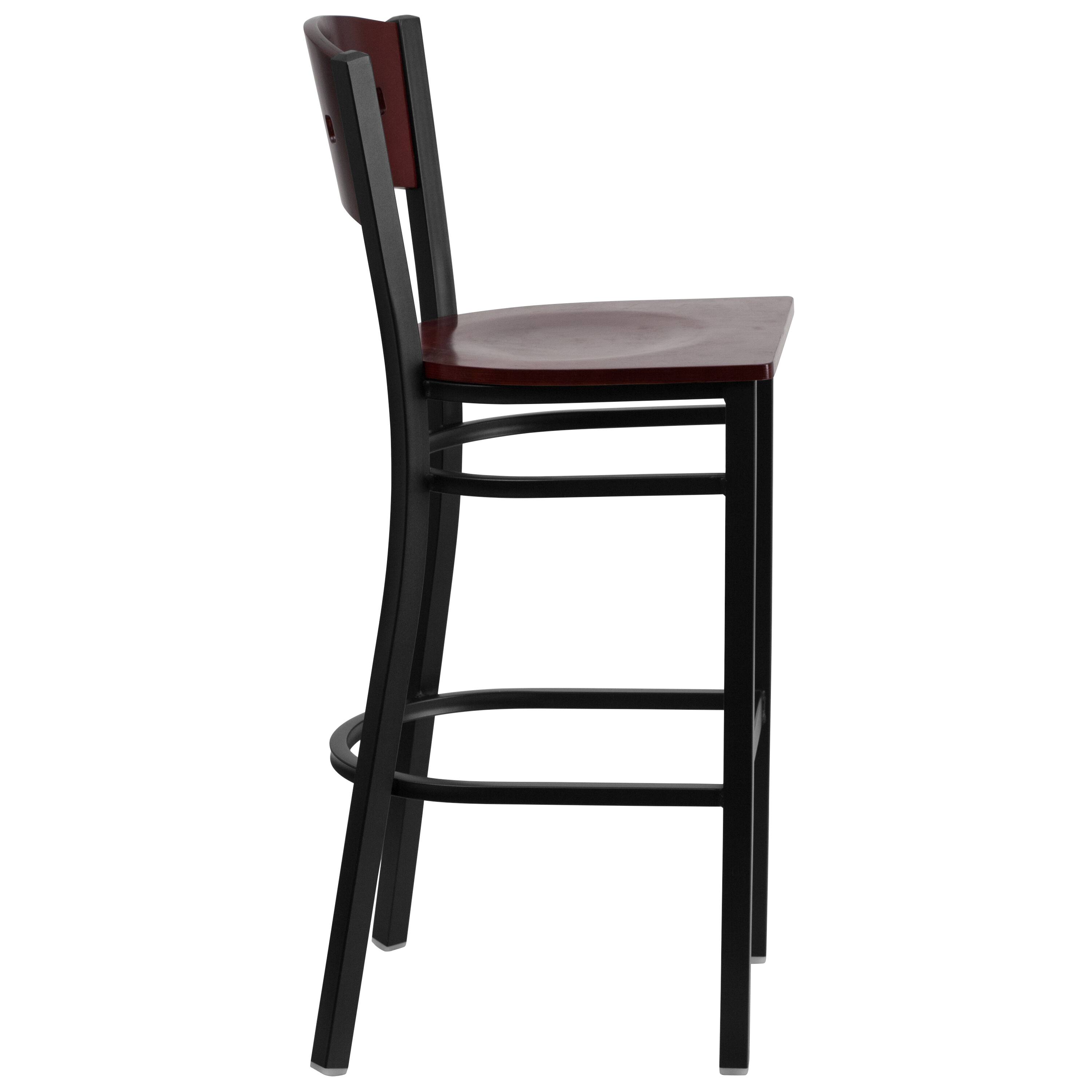 Alt View 4. Emma + Oliver - Decorative 4 Square Back Metal Restaurant Dining Barstool - Mahogany Wood Back/Mahogany Wood Seat/Black Metal.