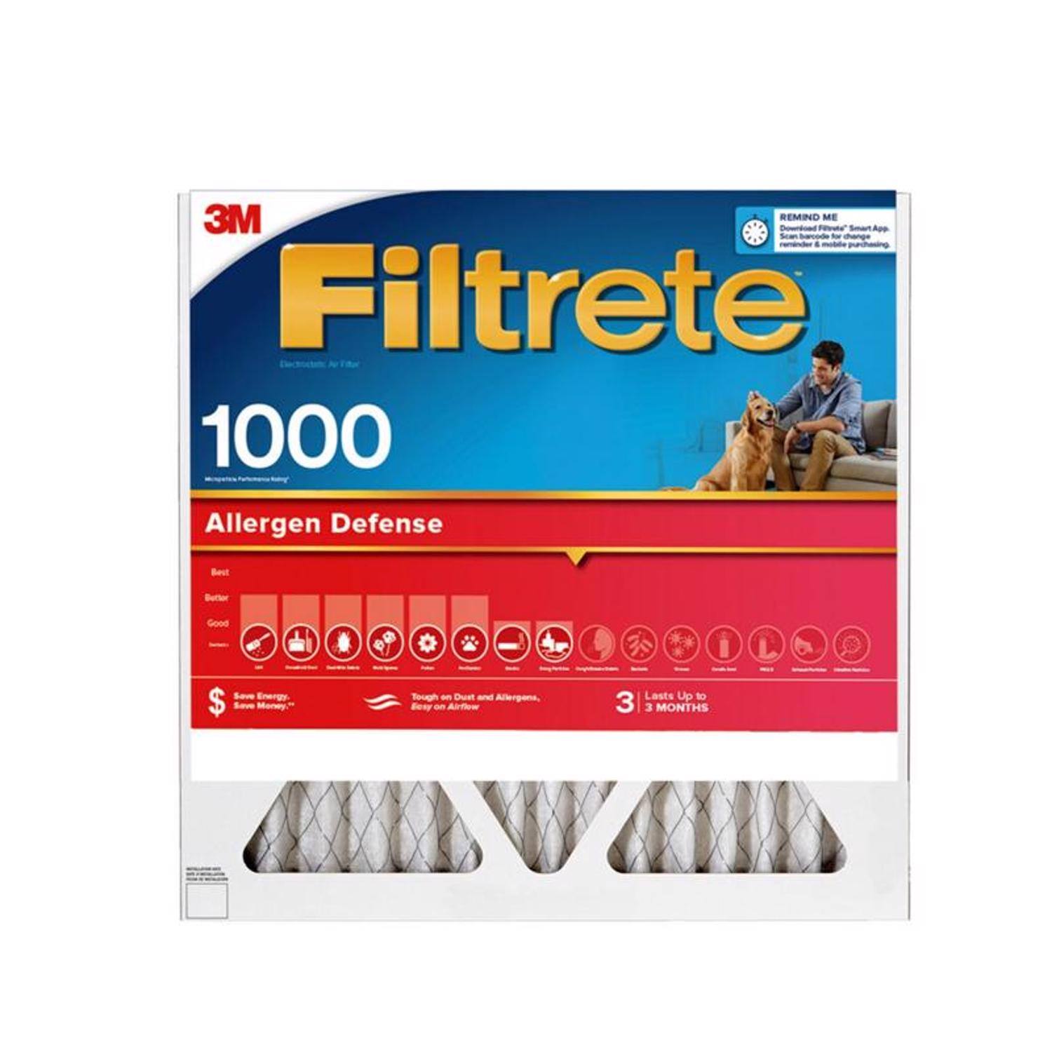 3M REMIND ME Filtrete 1000 Allergen Defense  
- Best  
- Better  
- Good  
- Save Energy, Save Money  
- Tough on Dust and Allergens  
- Airflow Lasts Up to 3 MONTHS