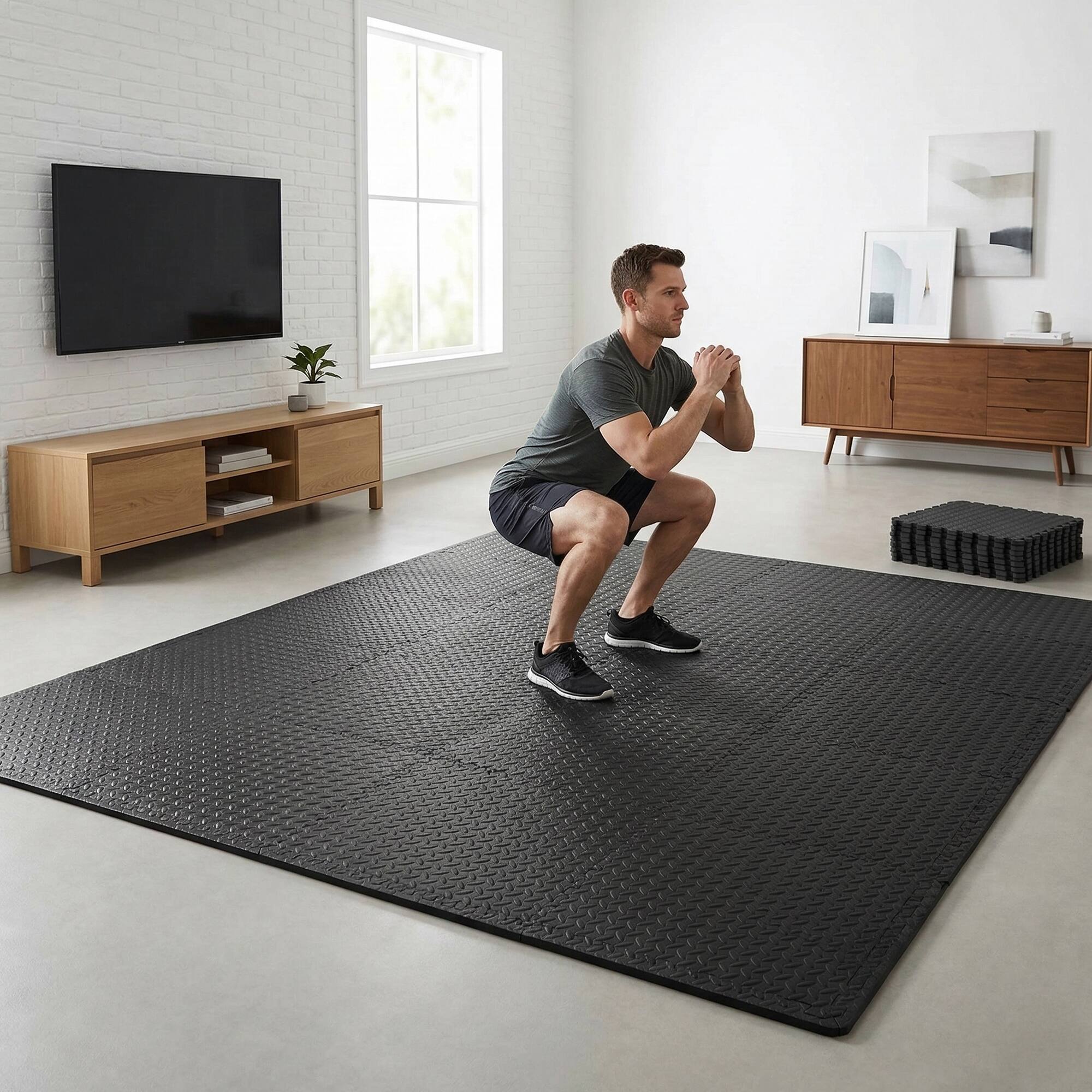 Alt View 4. BalanceFrom Fitness - BalanceFrom Fitness 96 Sq Ft Interlocking EVA Foam Exercise Mat Tiles, Black - Black.