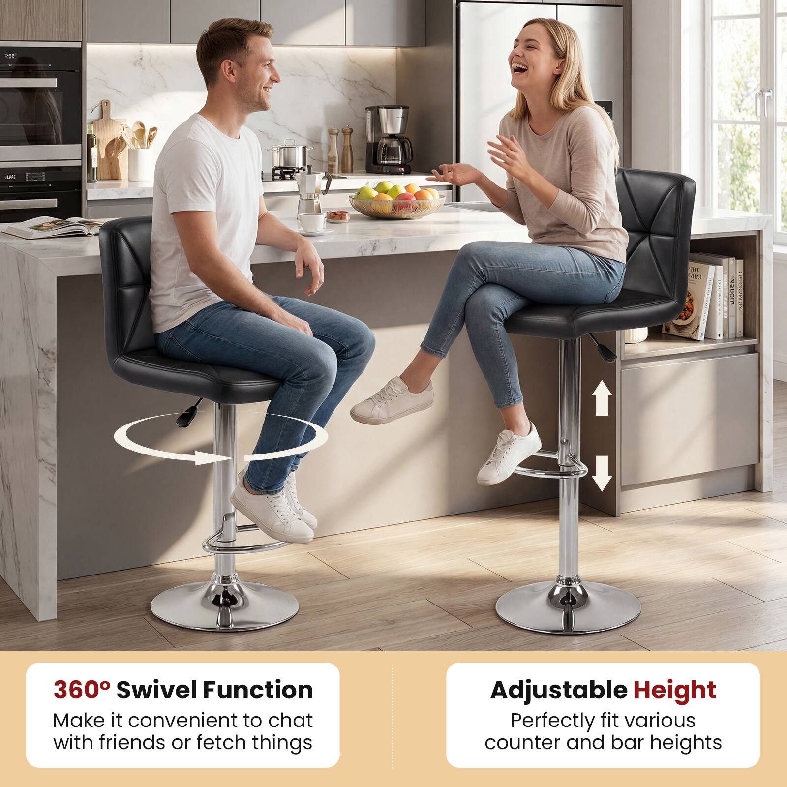 2 M 0 MIPA | - 360° Swivel Function  
Make it convenient to chat with friends or fetch things  
Adjustable Height  
Perfectly fit various counter and bar heights