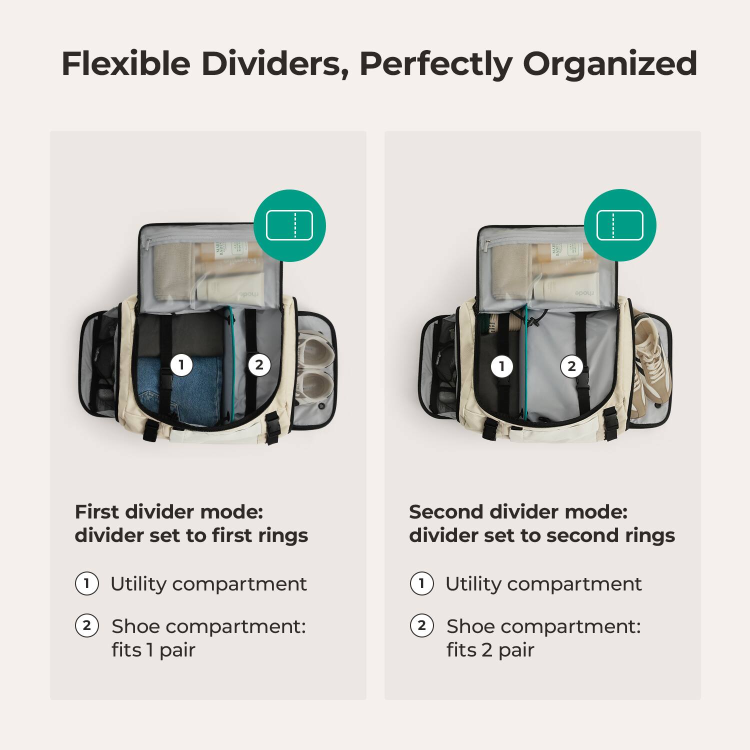 Flexible Dividers, Perfectly Organized

First divider mode: divider set to first rings
1. Utility compartment
2. Shoe compartment: fits 1 pair

Second divider mode: divider set to second rings
1. Utility compartment
2. Shoe compartment: fits 2 pair