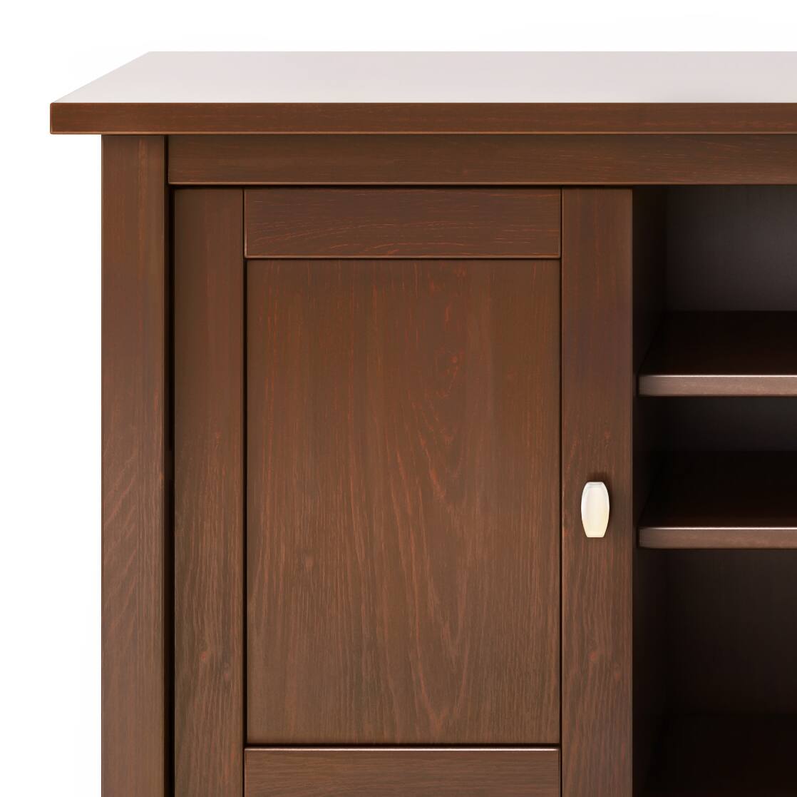 Left. Simpli Home - Warm Shaker SOLID WOOD TV Media Stand in Russet Brown For TVs up to 50 inches - Russet Brown.