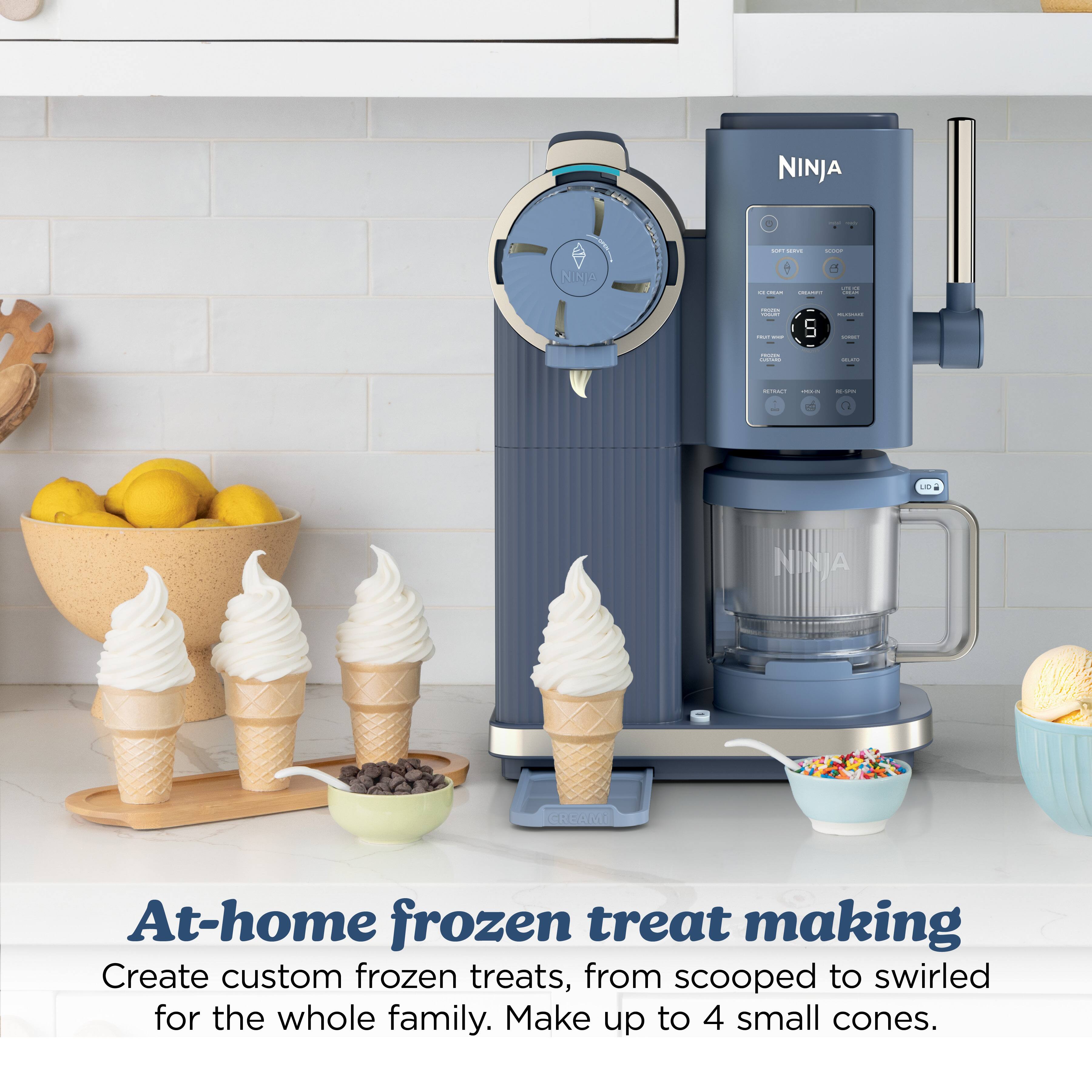 NINJA - I | NNE  I : - I : | : : 5 I | S - . - I - - - - T  NINJA GRUAME

At-home frozen treat making
Create custom frozen treats, from scooped to swirled for the whole family. Make up to 4 small cones.