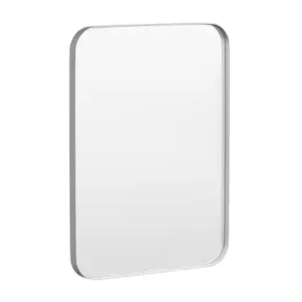 Angle. LOVMOR - Tempered Glass Rounded Rectangle Framed Wall-Mounted Bathroom Vanity Mirror - 24" x 32" - Silver.