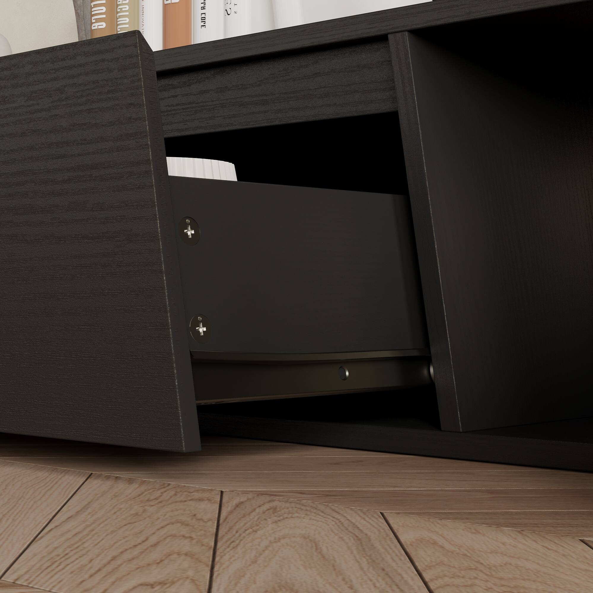 Alt View 1. FUFU&GAGA - Extendable TV Stand for 75 Inch TVs, Modern Entertainment Console with Adjustable Length, Storage Drawers, Open Shelves - Black.