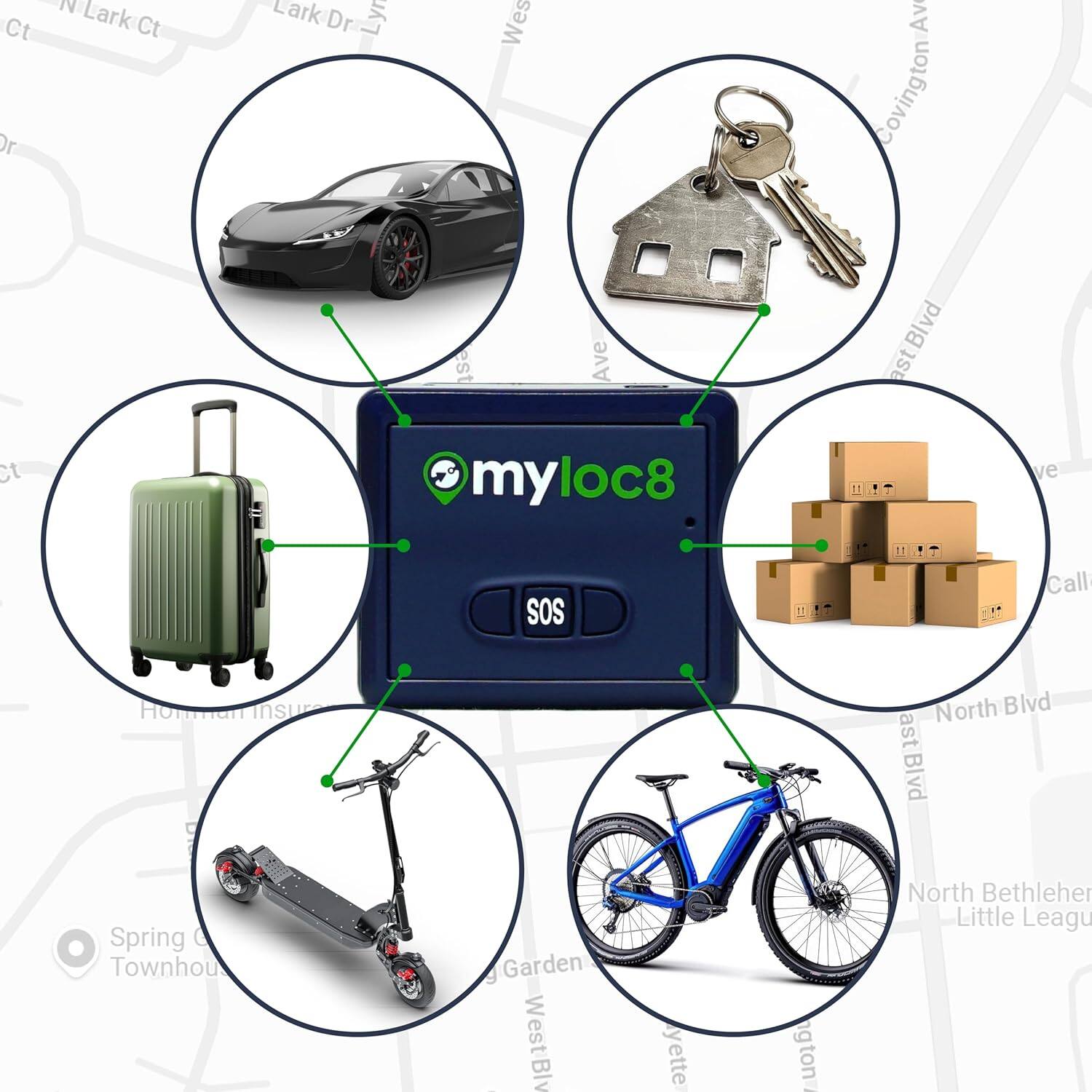 - Car
- House keys
- Suitcase
- Bike
- Scooter
- Boxes
- myloc8
- SOS button