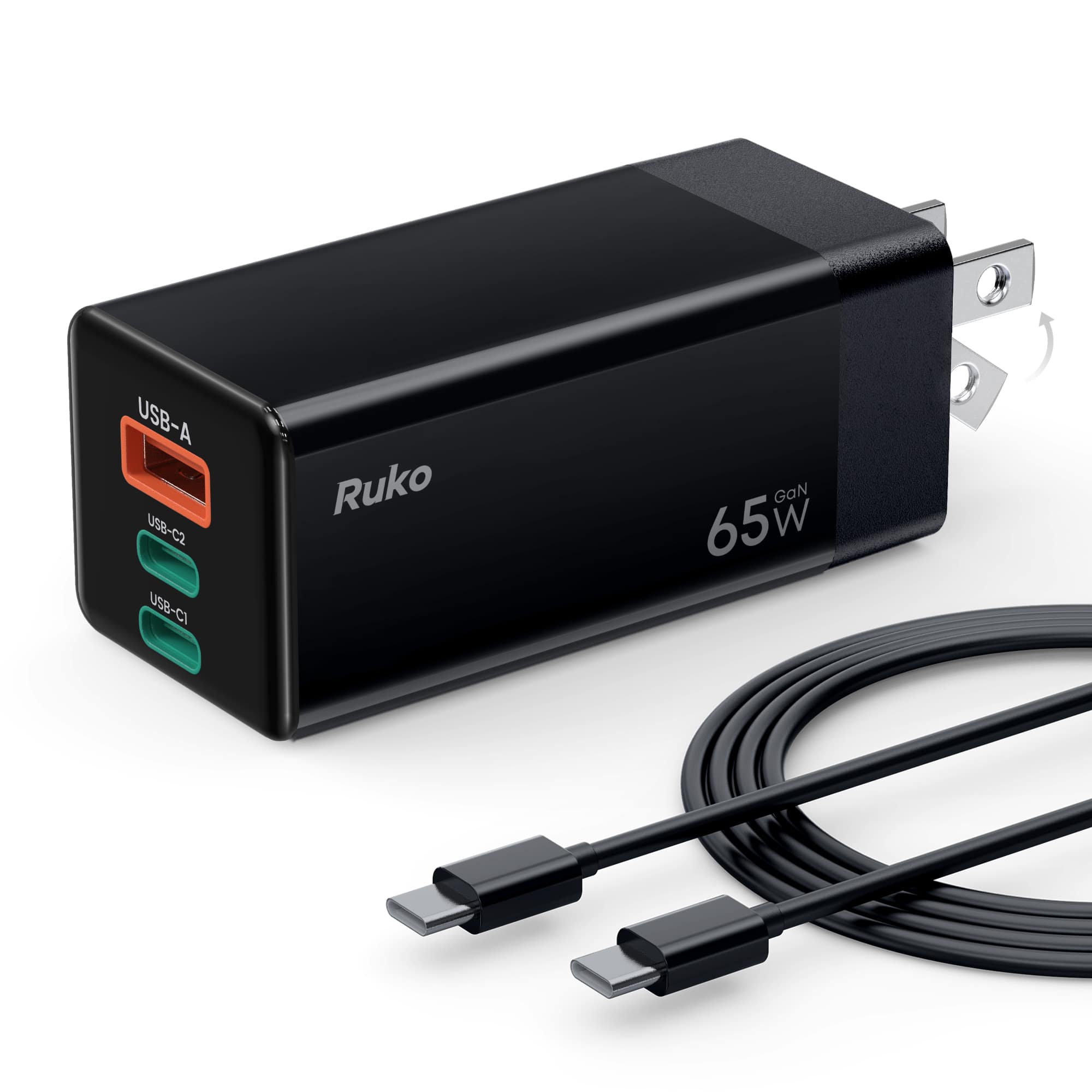 Ruko - PD65W USB C Charger, 3 Port Compact Foldable GaN Fast Charging Block Wall Charger for MacBook