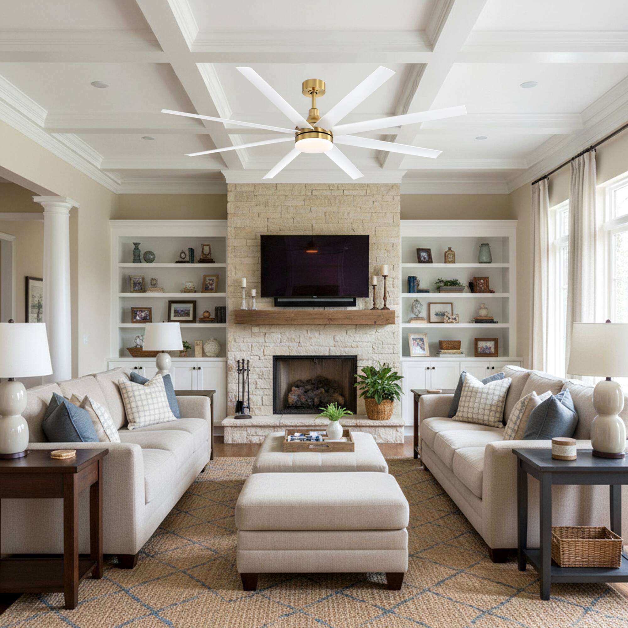 Alt View 1. Breezary - 72-Inch Sleek LED Ceiling Fan with 8 ABS Blades, 3-Color Light, DC Motor, 6-Speed Remote & Timer - 72-inch white and gold.