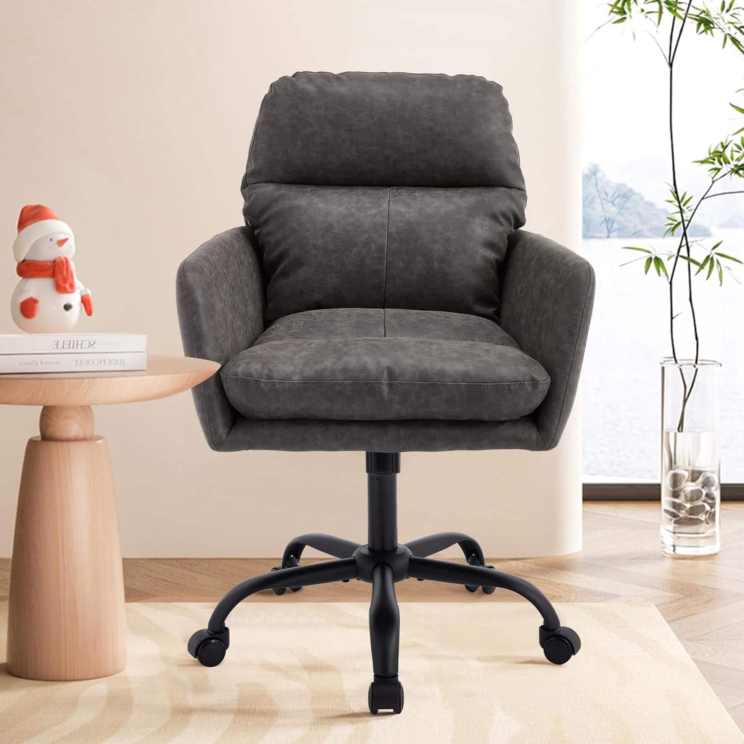 Trinkets Crazed - Faux Leather Home Office Desk Chair with 360° Swivel Wheels - Computer Task Chairs with Back Support and Armrest - Gray