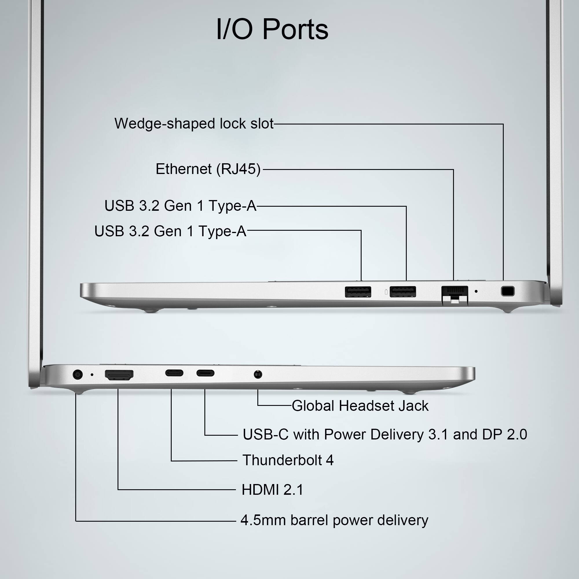 I/O Ports

- Wedge-shaped lock slot
- Ethernet (RJ45)
- USB 3.2 Gen 1 Type-A
- USB 3.2 Gen 1 Type-A
- Global Headset Jack
- USB-C with Power Delivery 3.1 and DP 2.0
- Thunderbolt 4
- HDMI 2.1
- 4.5mm barrel power delivery