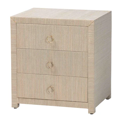 Front. bali & pari - Quinn Bohemian Woven Natural Grasscloth 3-Drawer Nightstand - Natural/Gold.