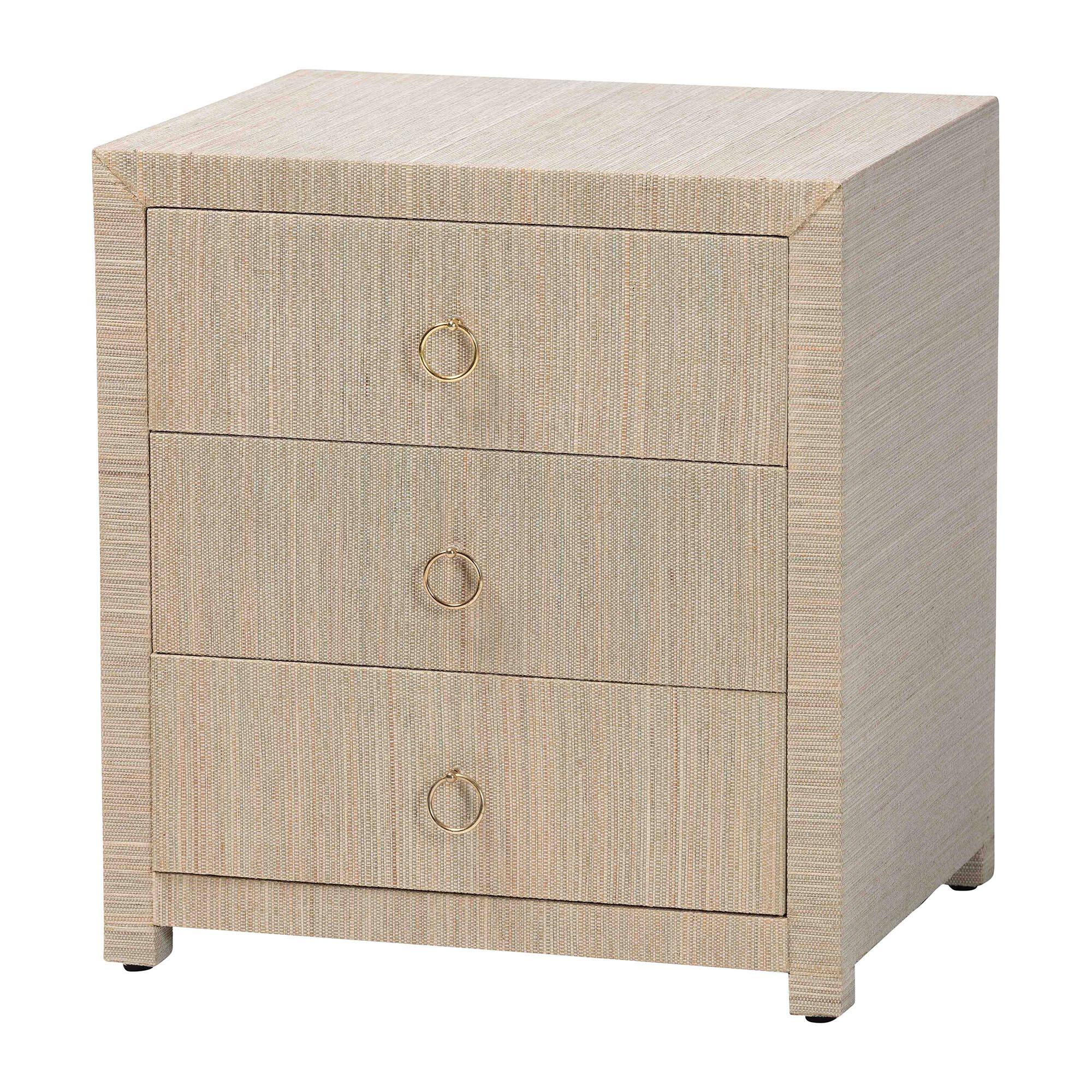 Front. bali & pari - Quinn Bohemian Woven Natural Grasscloth 3-Drawer Nightstand - Natural/Gold.