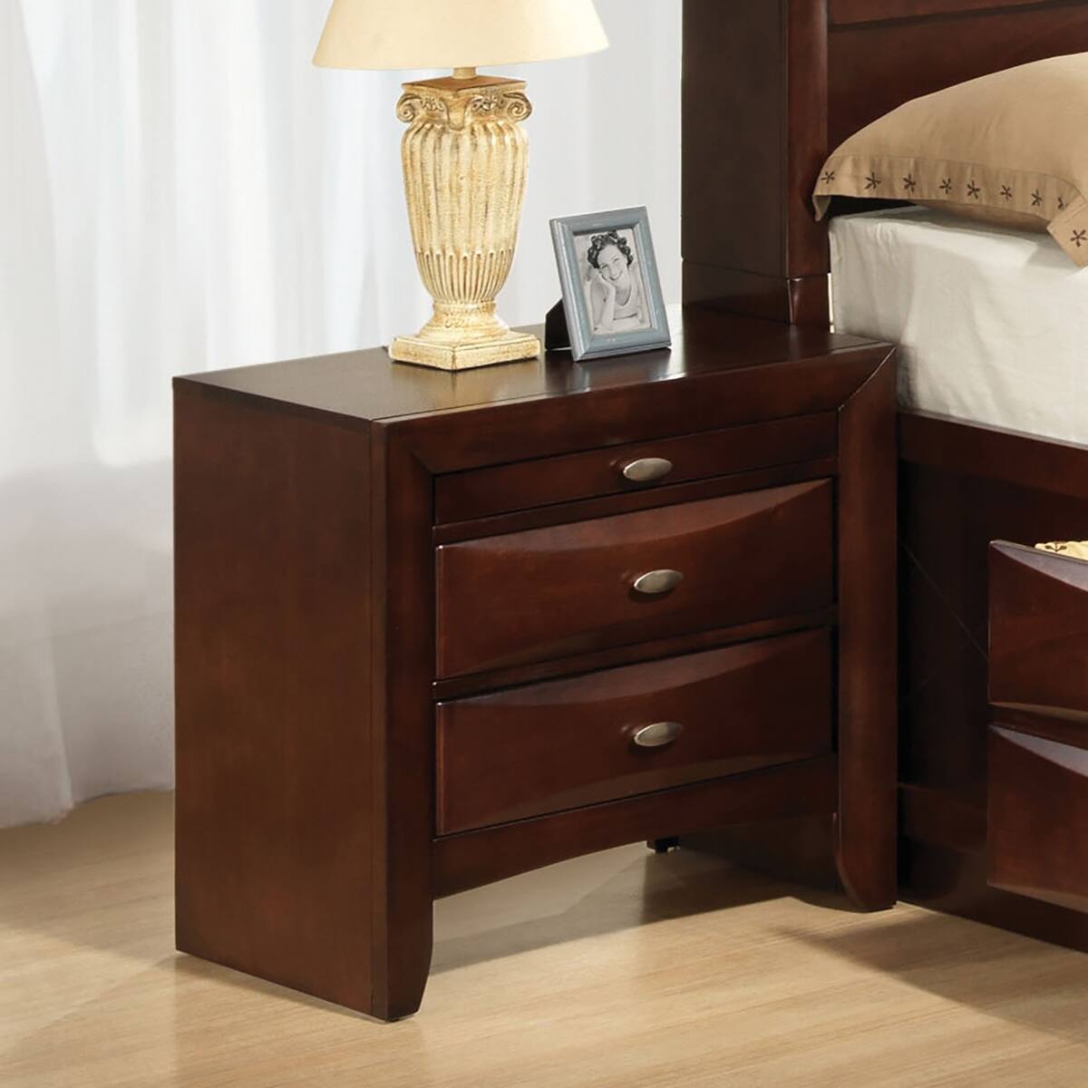 Front. Loheer - Loheer Cherry Two Drawer Nightstand with Pull Out Tray, Wood Bedside Cabinet - Cherry.