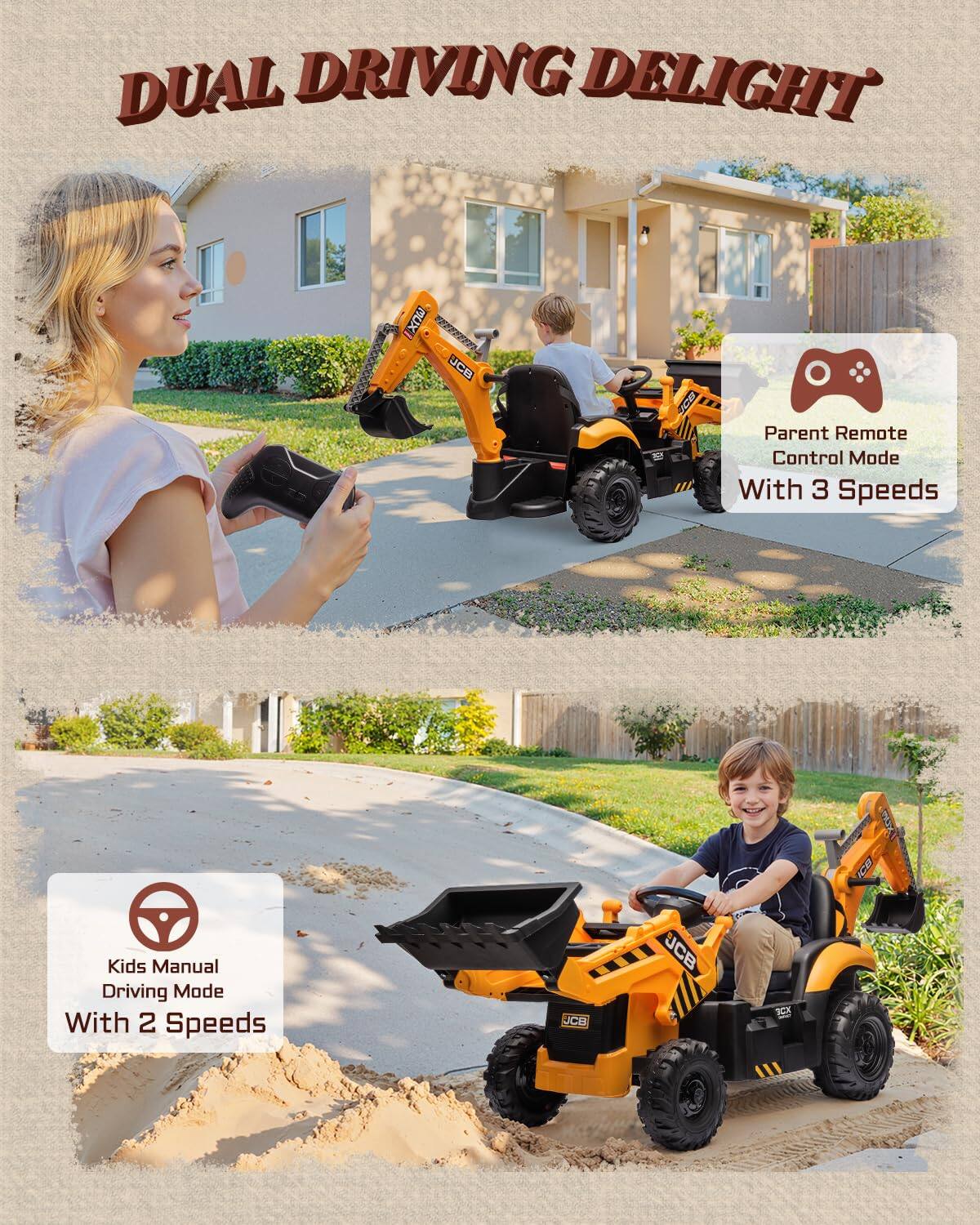 DUAL DRIVING DELIGHT

Parent Remote Control Mode With 3 Speeds

Kids Manual Driving Mode With 2 Speeds