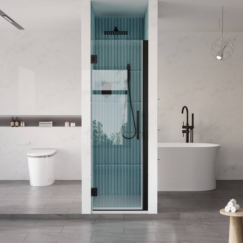 Front. WELLFOR - 24–25 in. W x 72 in. H Frameless Hinged Shower Door with 3/8" Clear Tempered Glass, Reversible Opening - Matte Black.