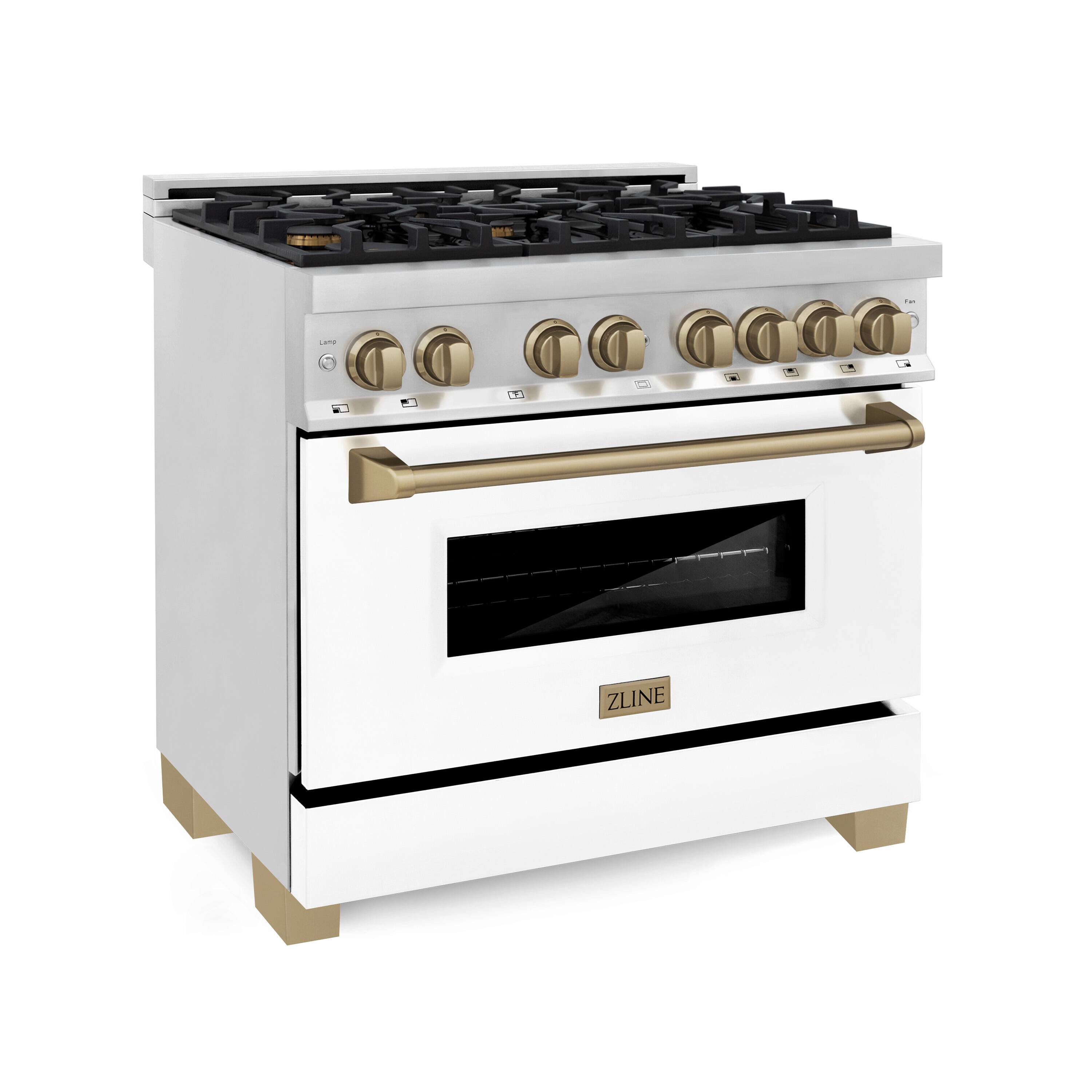 Angle. ZLINE - Autograph 36" Legacy Dual Fuel Range w/ 6 Burners & White & Bronze Accents (RAZ-WM-36-CB) - Multicolor.