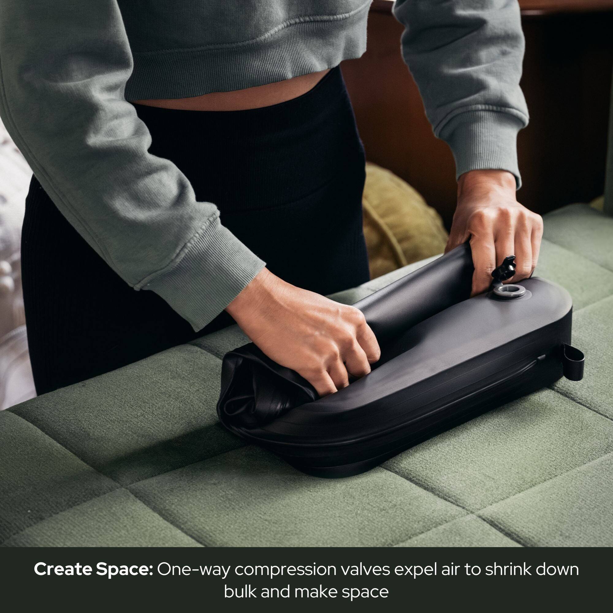 Create Space: One-way compression valves expel air to shrink down bulk and make space.