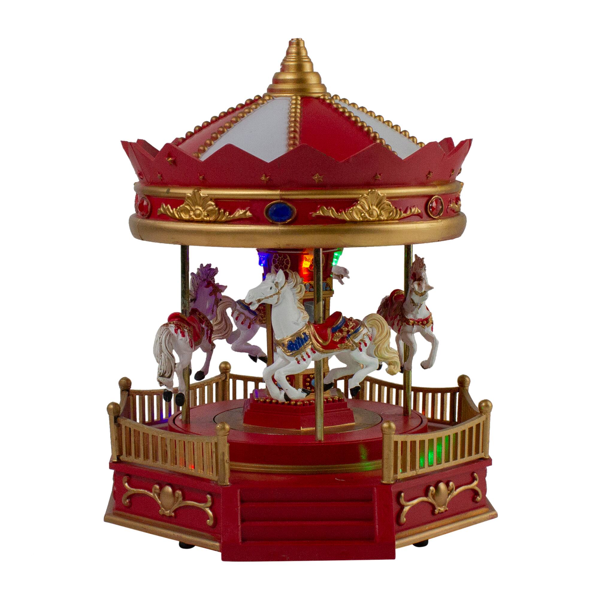 Northlight - LED Lighted Animated and Musical Carousel Christmas Village Display - 9.25" - Red
