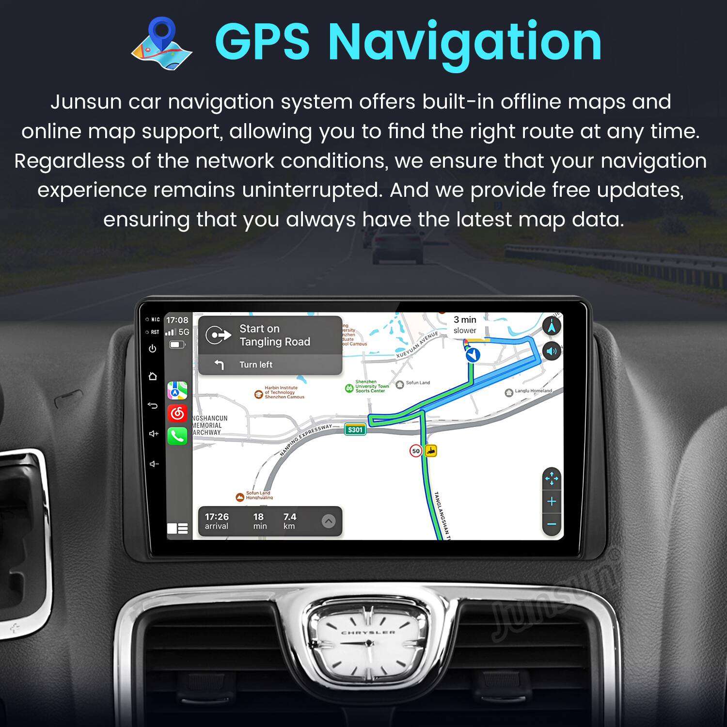 GPS Navigation

Junsun car navigation system offers built-in offline maps and online map support, allowing you to find the right route at any time. Regardless of the network conditions, we ensure that your navigation experience remains uninterrupted. And we provide free updates, ensuring that you always have the latest map data.

17:08 - I. 5G Start on Tangling Road Turn left - a d -oe Camous KENS RUET 3 min slower - - - aogr - | - - - - / Satum Lamal - GSHANCUN LMORIAL ARCHWAY 17:26 arrival SSNe 3301 LNPN A Se - munshuaing 18 7.4 min km CHRTSLEN + TANGLANGSHANT Juntsrin