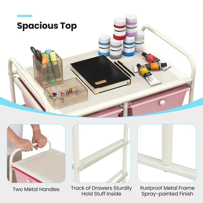 Spacious Top

Two Metal Handles

Track of Drawers Sturdily Hold Stuff Inside

Rustproof Metal Frame Spray-painted Finish
