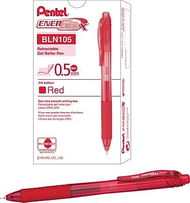 Pentel ENER GELX BLN105 Retractable Gel Roller Pen 0.5 mm  
Ink Colour: Red  
Get ultra smooth writing feel.  
Retractable gel roller pen.  
Uses LANS refit.  
Over grende Roller encre gel retractable.  
Utilisé des rechargie LANS BEC RECOLOCY.  
Pentel Co., Ltd.  
© Pentel Co., Ltd.
