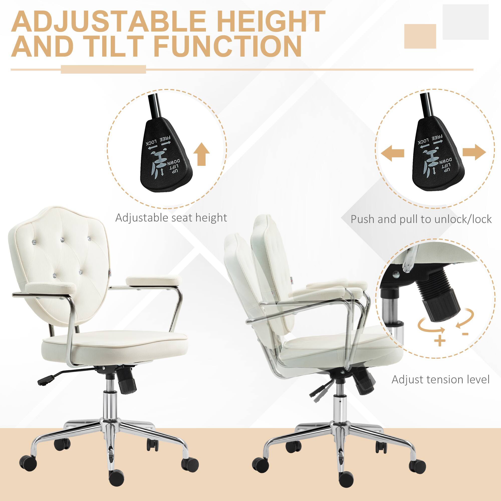 ADJUSTABLE HEIGHT AND TILT FUNCTION

Adjustable seat height
Push and pull to unlock/lock
Adjust tension level