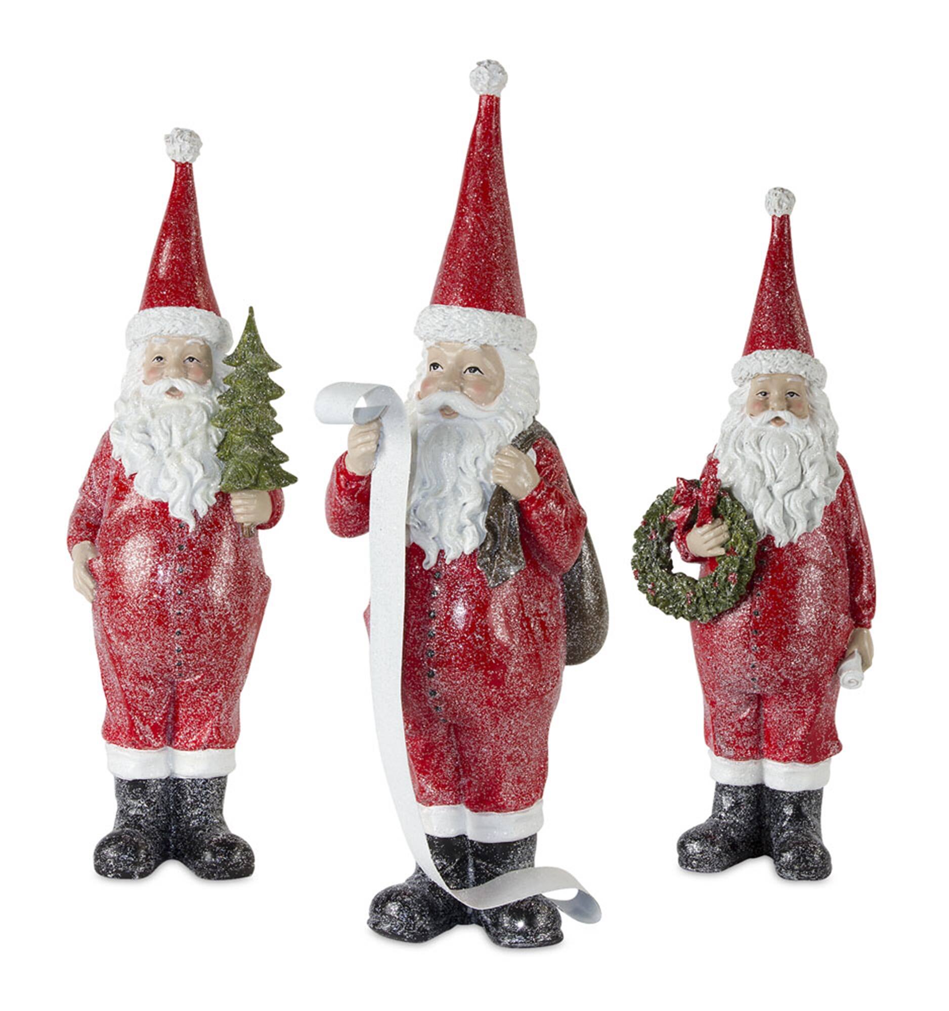 Front. BreeBe - Frosted Long John Santa with Pine and List Accent (Set of 3) - Red.