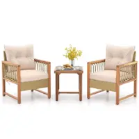 Costway 3 PCS Patio Furniture Set Outdoor PE Wicker Conversation Bistro Set - Light Brown,Beige - Front_Zoom