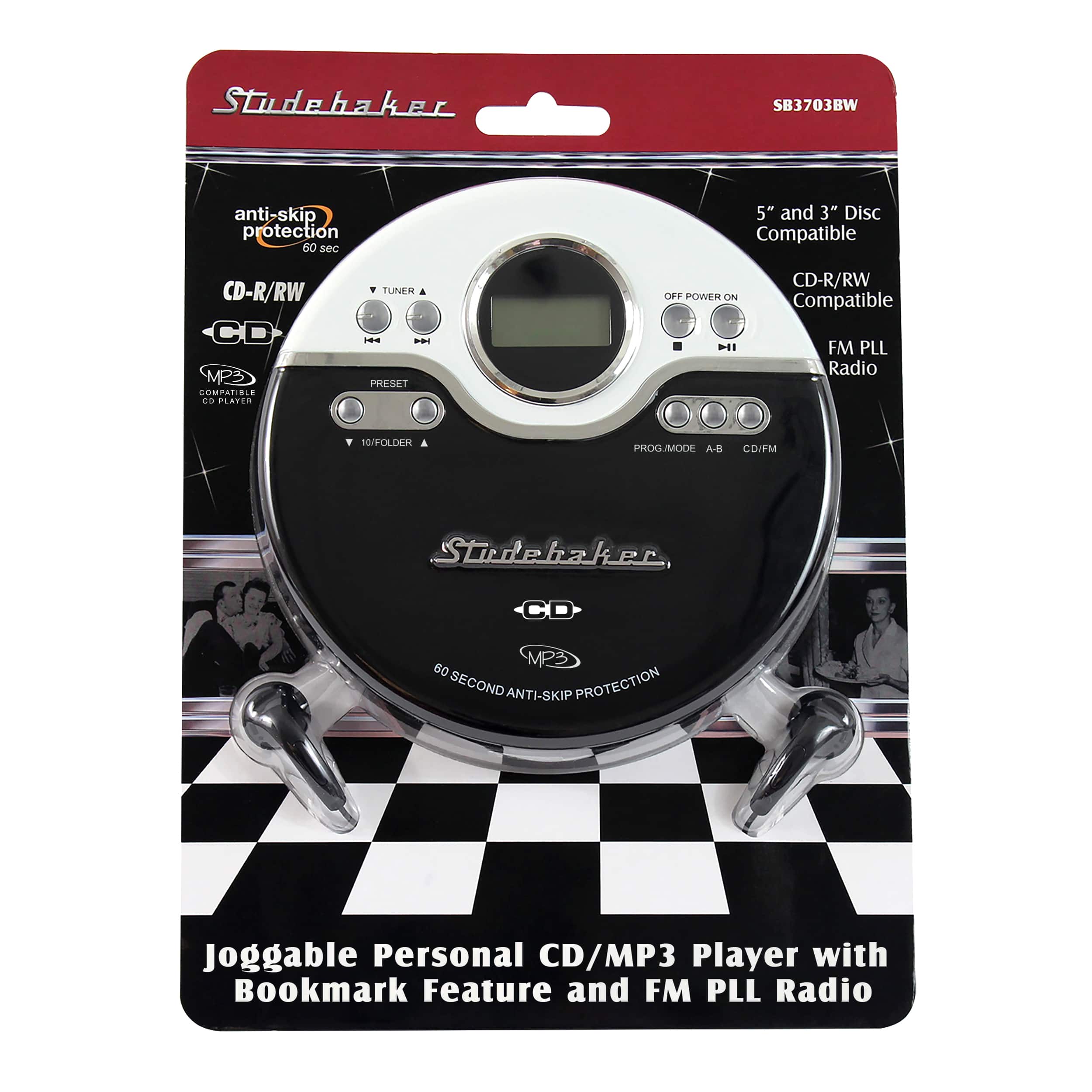 Studebaker SB3703BW anti-skip protection 60 sec 5" and 3" Disc Compatible CD-R/RW CD MPS COMPATIBLE Ca PLATER TUNEM . -.. PRESET OFF POWER ON PI1 CD-R/RW Compatible FM PLL Radio 10/FOLDER PROGUMODE A-B COIPM Studebaker CD MPS 60 SECOND ANTI-SKIP PROTECTION Joggable Personal CD/MP3 Player with Bookmark Feature and FM PLL Radio