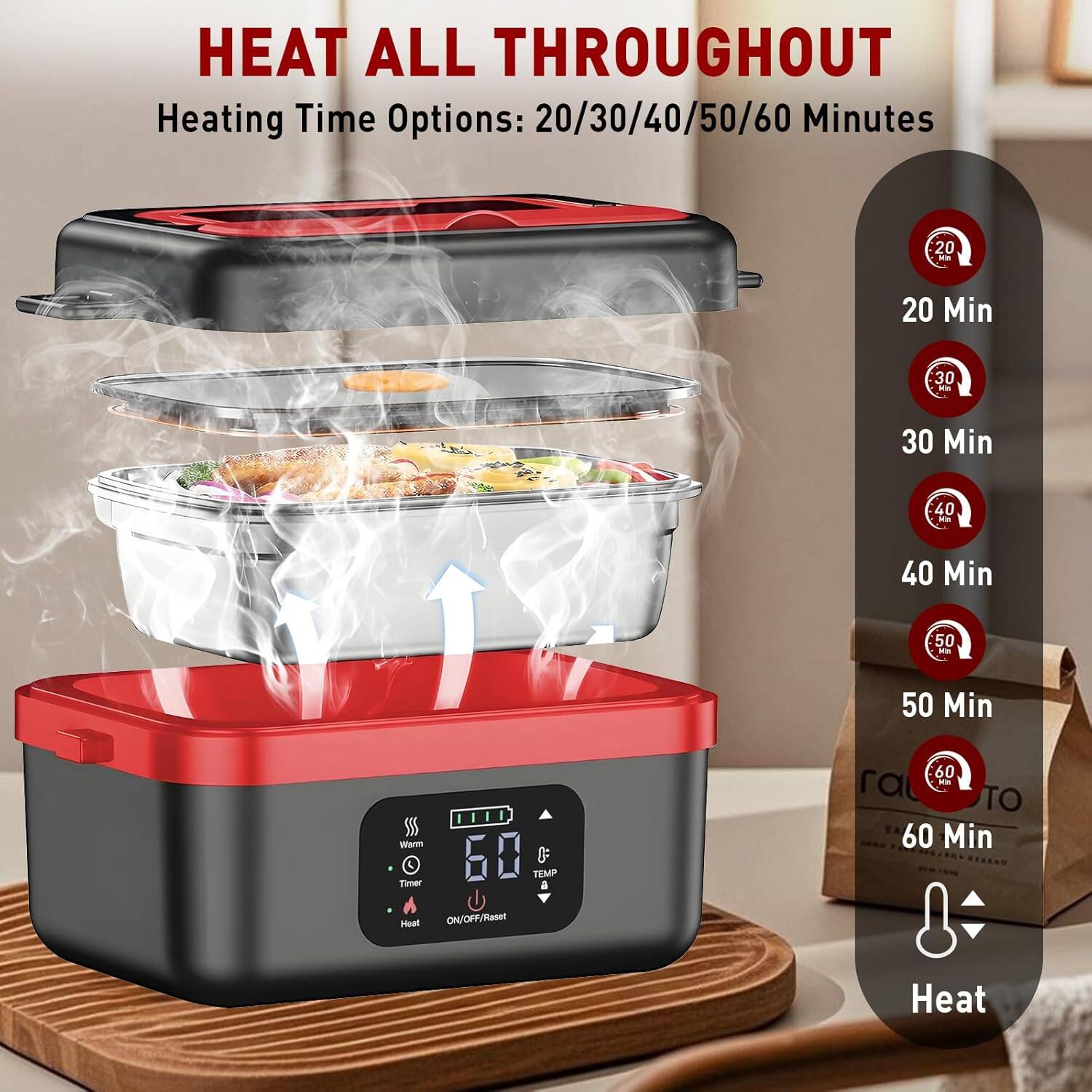 HEAT ALL THROUGHOUT  
Heating Time Options: 20/30/40/50/60 Minutes  

20 Min  
30 Min  
40 Min  
50 Min  
60 Min  

Heat