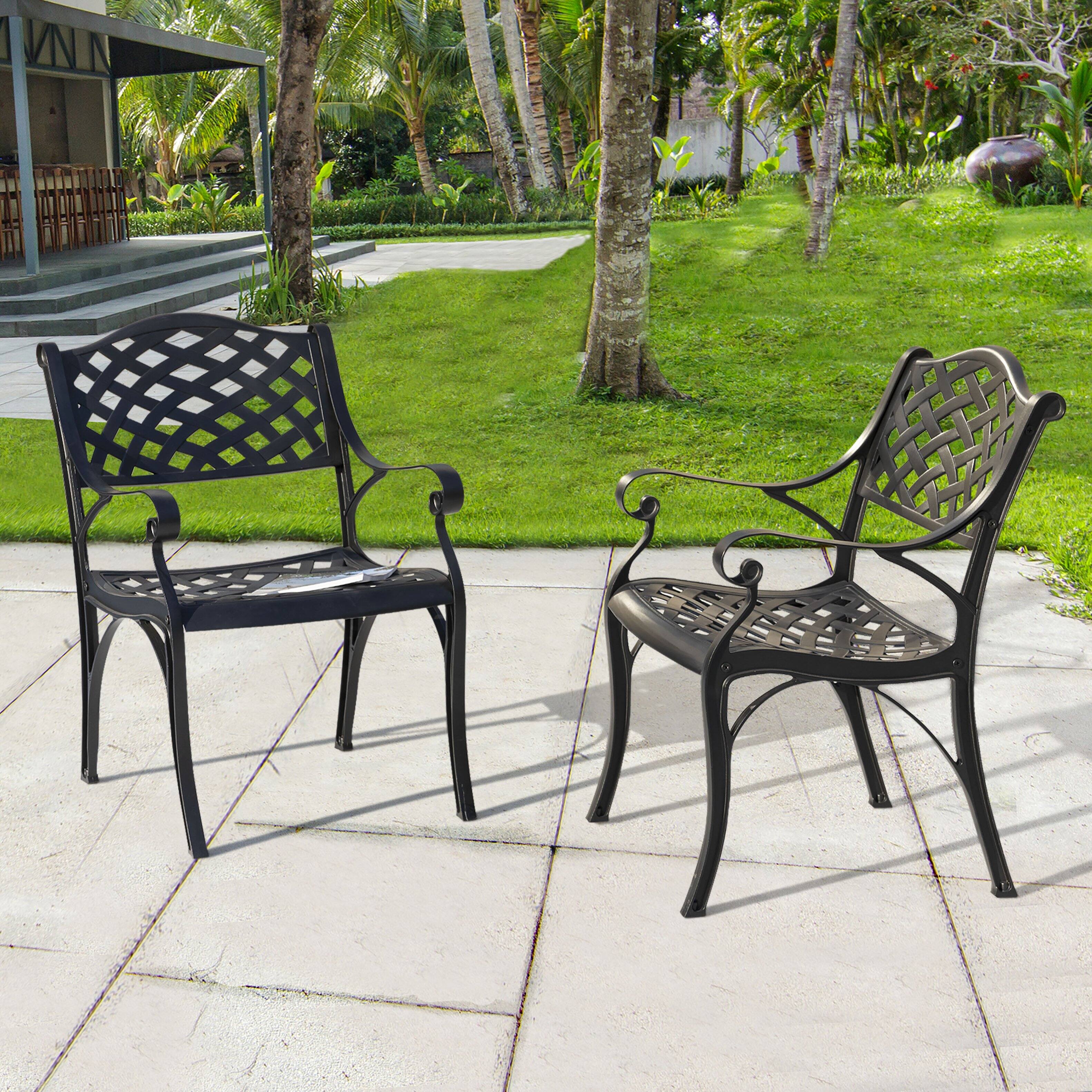 Left. Nuu Garden - Outdoor 2-Piece Patio Cast Aluminum Dining Chairs with Armrests - Black with Gold Speckles.