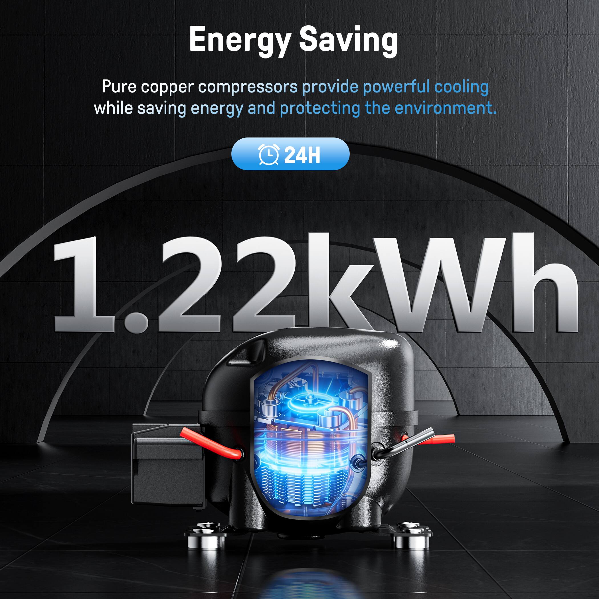 Energy Saving

Pure copper compressors provide powerful cooling while saving energy and protecting the environment.

24H

1.22kWh