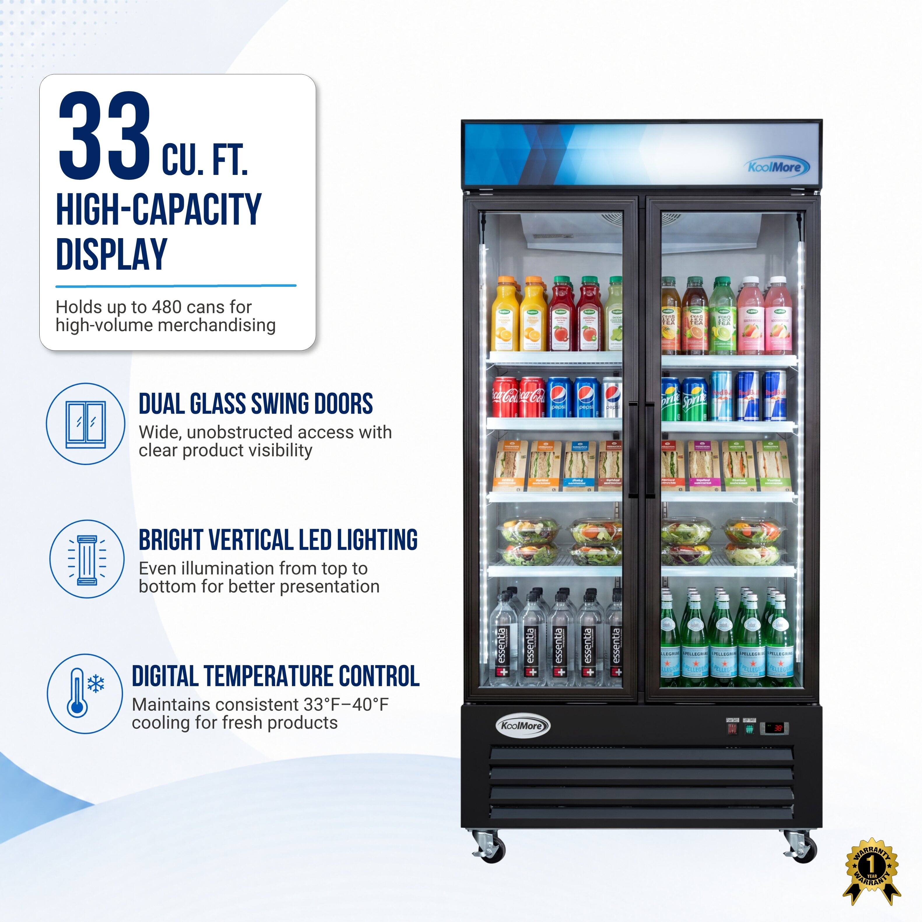 33 CU. FT. HIGH-CAPACITY DISPLAY

KoolMore Holds up to 480 cans for high-volume merchandising

DUAL GLASS SWING DOORS
Wide, unobstructed access with clear product visibility

BRIGHT VERTICAL LED LIGHTING
Even illumination from top to bottom for better presentation

DIGITAL TEMPERATURE CONTROL
Maintains consistent 33°F-40°F cooling for fresh products