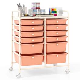 Costway - 12-Drawer Rolling Storage Cart with 2 Sizes Plastic Drawers Skin - Skin Pink