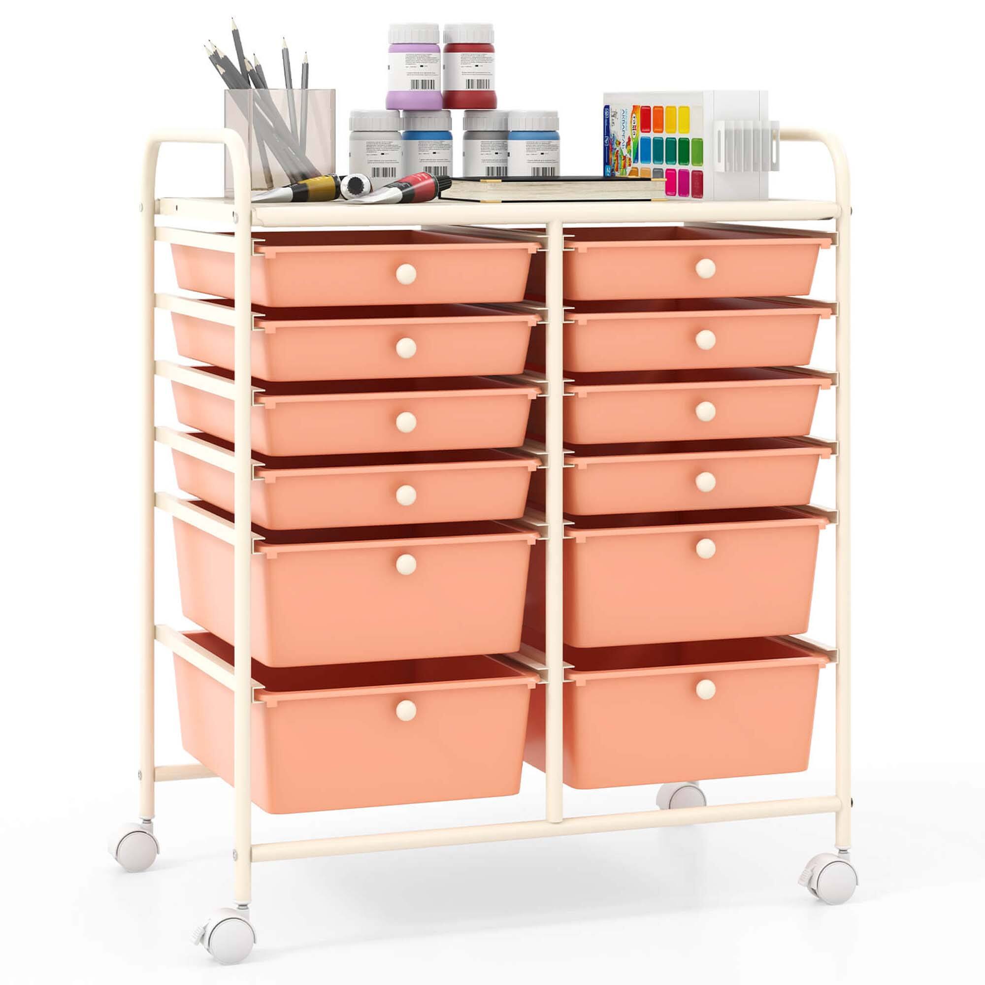 Front. Costway - Costway 12-Drawer Rolling Storage Cart with 2 Sizes Plastic Drawers Skin - Skin Pink.
