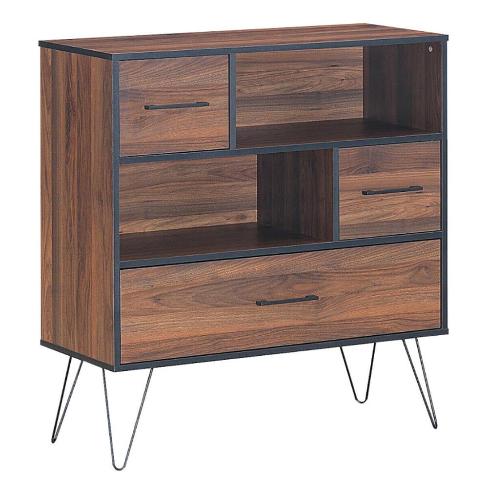 Front. Kadyn - 3Tier Wood Storage Cabinet with Drawers and 4 Metal Legs - Walnut.