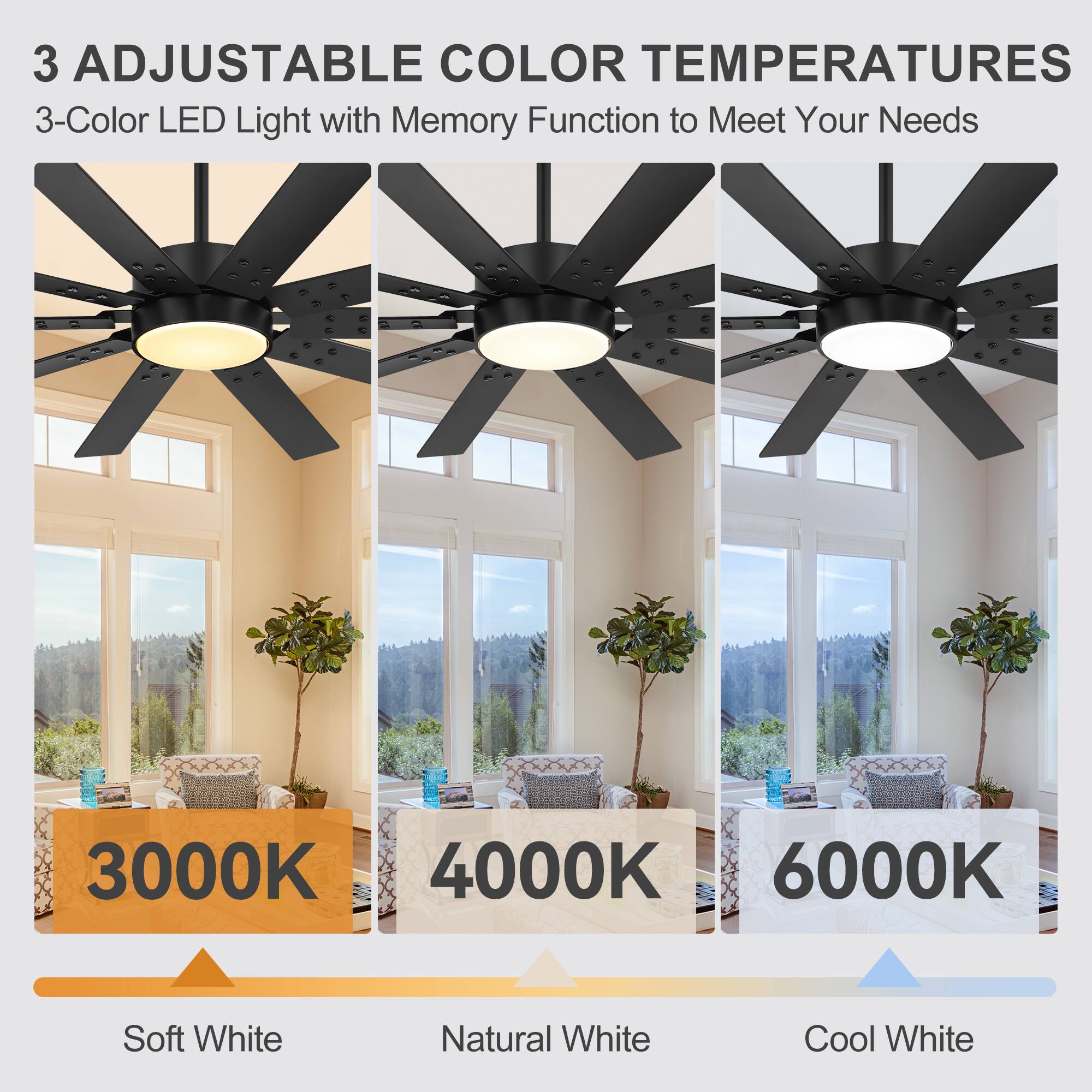 3 Adjustable Color Temperatures  
3-Color LED Light with Memory Function to Meet Your Needs  
3000K Soft White  
4000K Natural White  
6000K Cool White