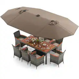 Costway - 11 PCS Patio Dining Set with 15 ft Double-Sided Patio Umbrella 8 Armchairs - Mix Gray,Beige,Tan