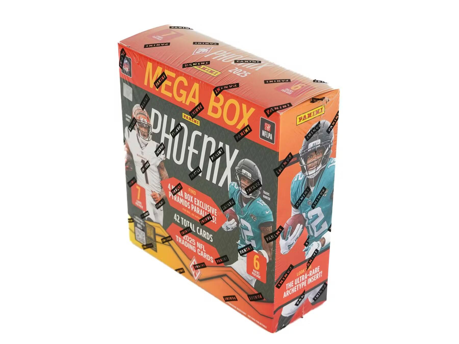 Mega Box  
PhoeniX 2025  
Panini  
NFLPA  

42 Total Cards  
2025 NFL Trading Cards  

Find a Box Exclusive!  
Pyramids Parallels!  

6 Packs per Box  

Look for the Ultra-Rare Insert!  
The Archetype  

Panini  
NFLPA